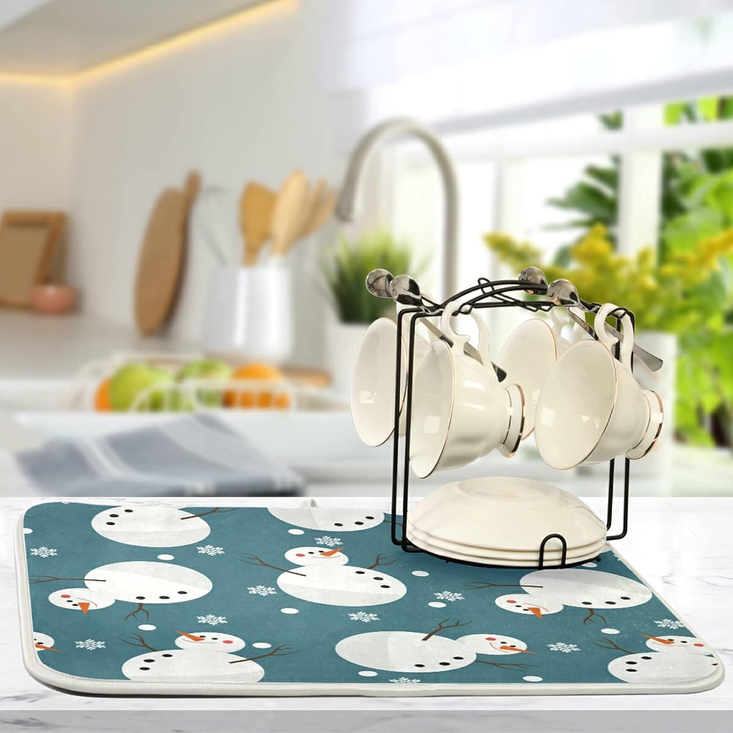 Super Absorbent Dish Drying Mat, Microfiber 23 Fast-Drying Dish Mat, 16" x 18", Kitchen Dish Drying Pad, Snowman Snowflake Cute Christmas Holidays…