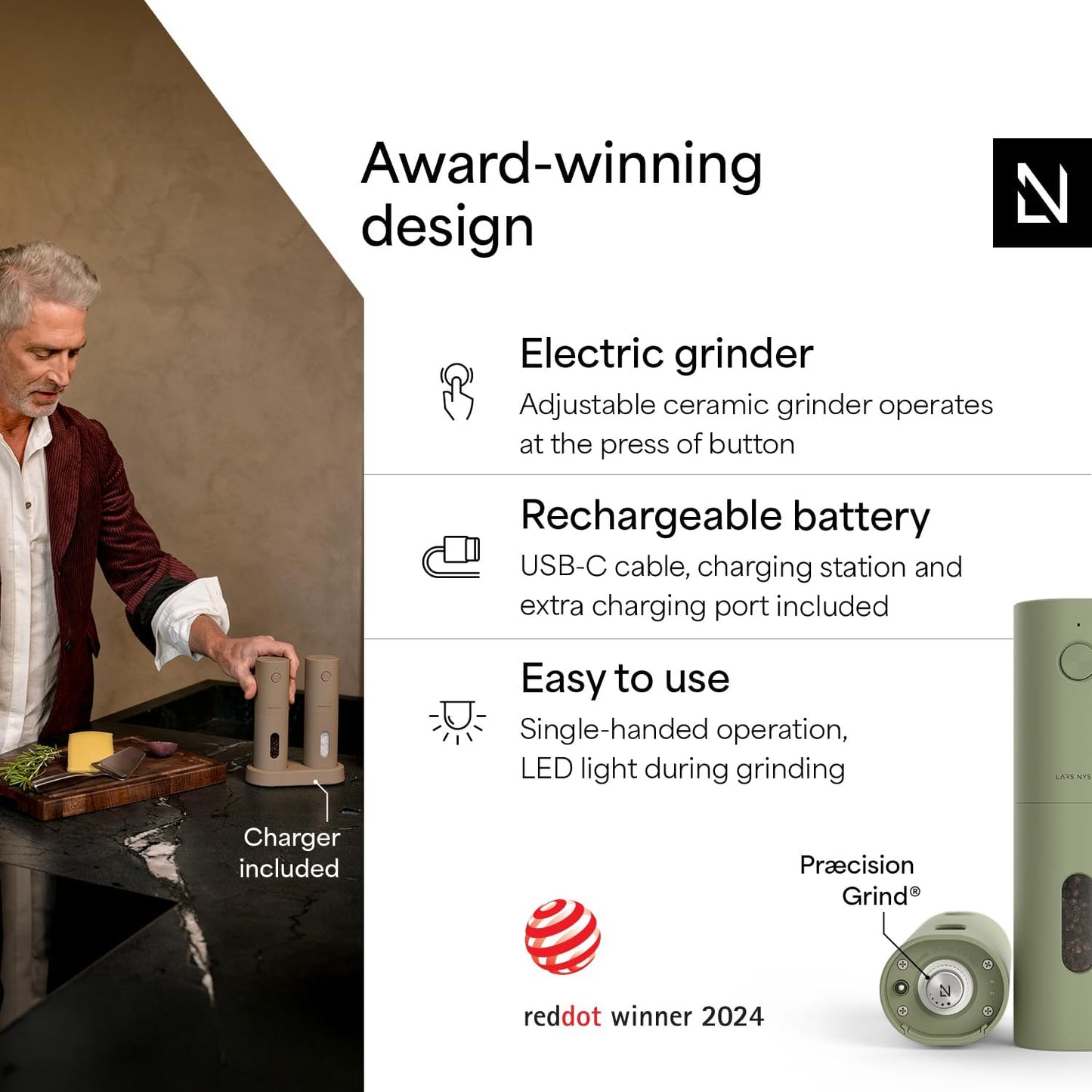 LARS NYSØM Electric Salt and Pepper Grinder Set, USB Rechargeable, Automatic Salt and Pepper Mills, Spice Shakers Refillable with LED Light, Adjustable Coarseness, Ceramic Grinder (Sage Green)