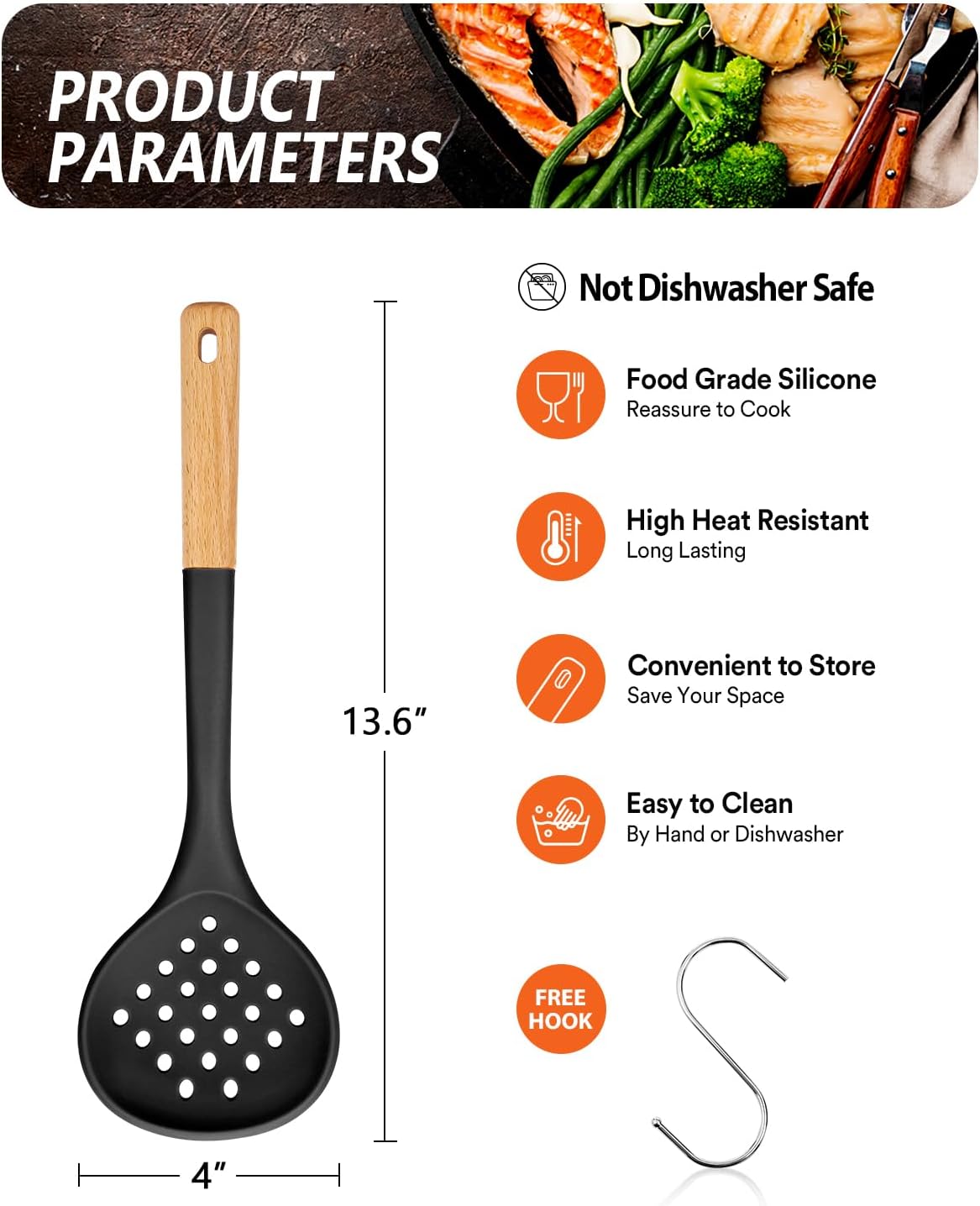 Kitchen Ladle Strainer, Large Slotted Spoon with High Heat Resistant BPA Free, Non Stick Cooking Skimmers For Draining & Frying, 13.2inch (Black)