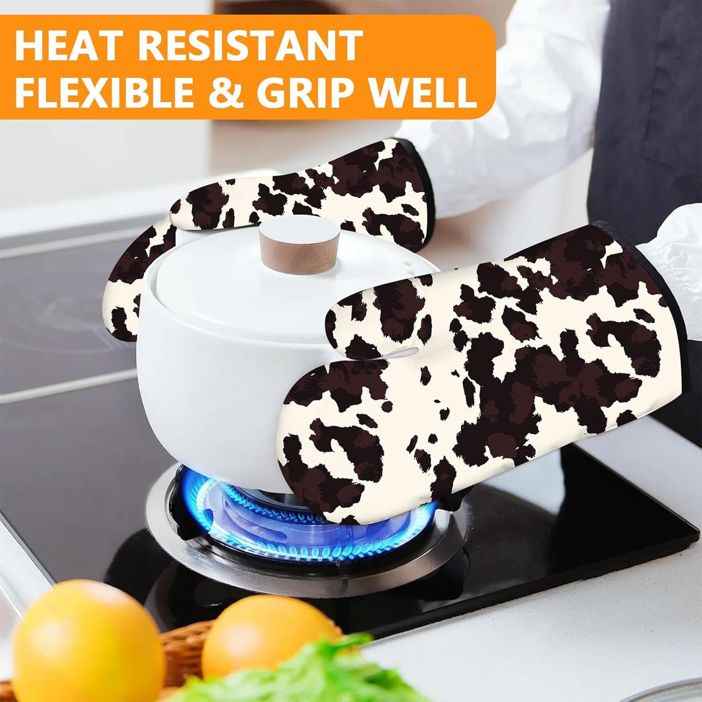 Black Cow Print Oven Mitts and Pot Holders Sets 4Pcs,Extra Long Oven Gloves Potholder for Kitchen Cooking Baking BBQ 100% Cotton Heat Resistant