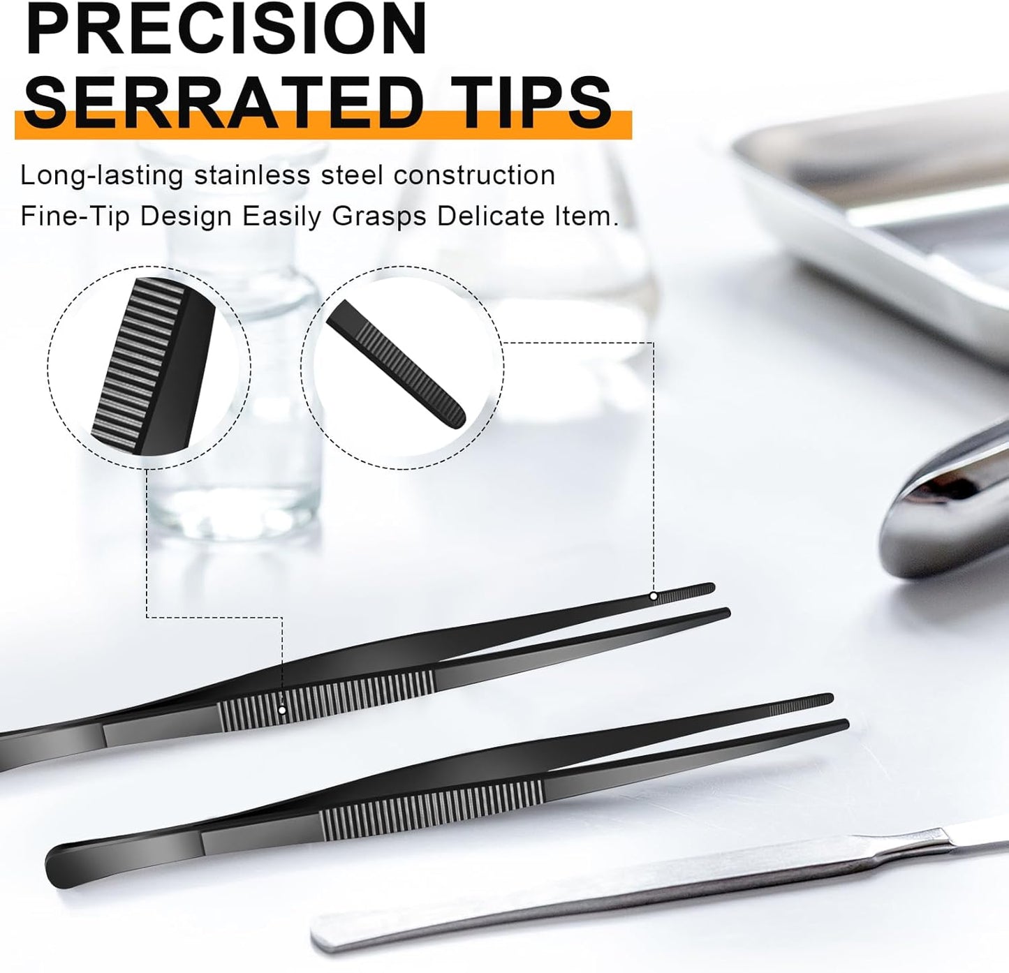 Yaomiao 4 Packs 8 Inch Bar Tweezers Black Long Garnish Tongs Stainless Steel Kitchen Cooking Tongs Tweezers for Food Cocktail Korean BBQ Bartender Chef, Multi-use