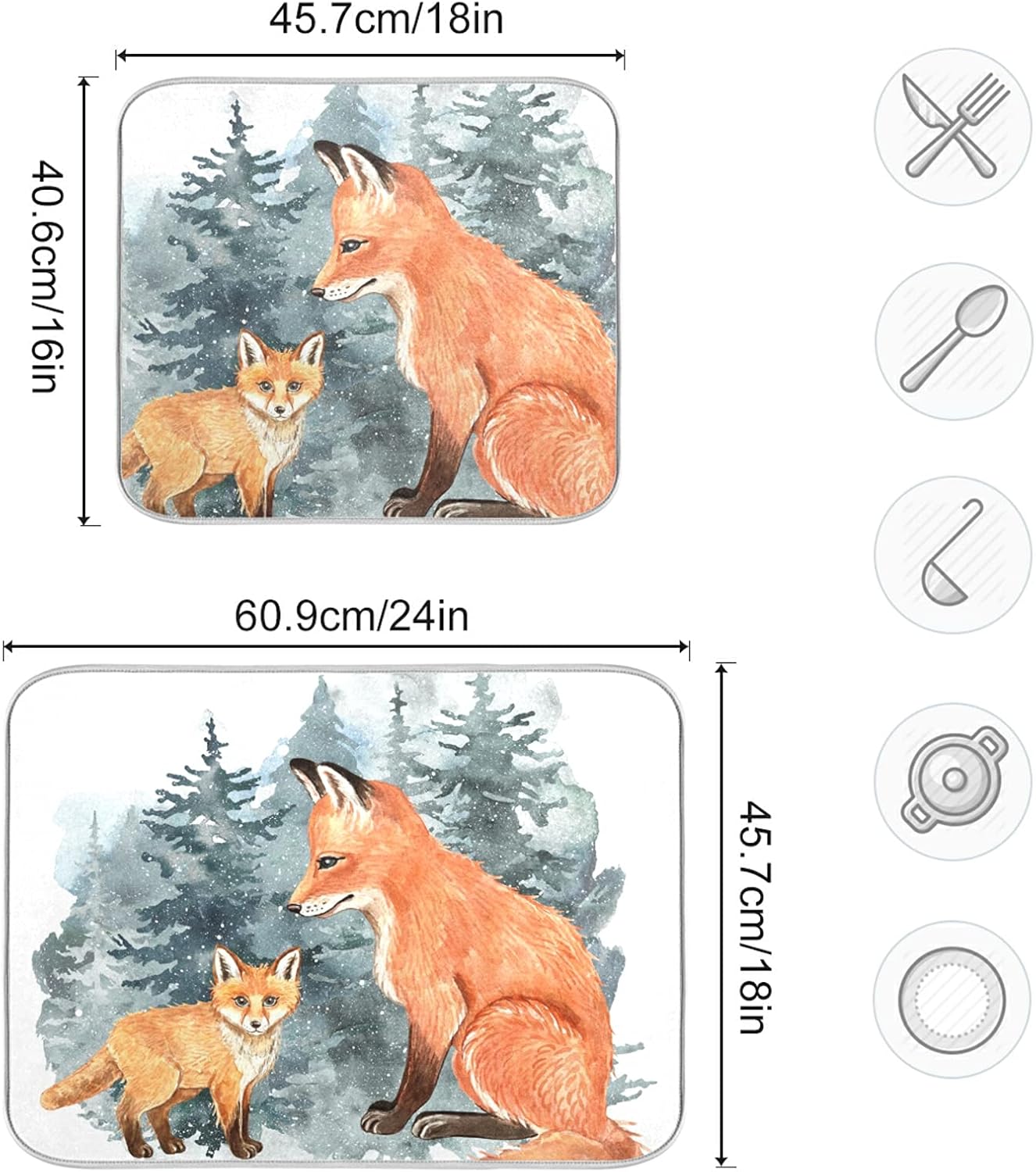 Super Absorbent Dish Drying Mat, Microfiber Fast-Drying Dish Mat, 16" x 18", Kitchen Dish Drying Pad, Watercolor Cute Fox Winter Christmas