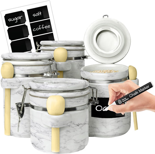 Home Intuition 4-Piece Ceramic Kitchen Canisters Set, Airtight Containers with Wooden Spoons Reusable Chalk Labels and Marker for Sugar, Coffee, Flour, Tea (White Marble)