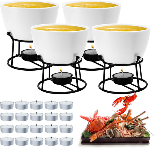 4 Pieces Butter Warmers,420ml Large Butter Warmer for Seafood Cheese,with 20 Pieces Tealight Candles Set for Melting Butter Chocolate Birthday Anniversary Christmas-White