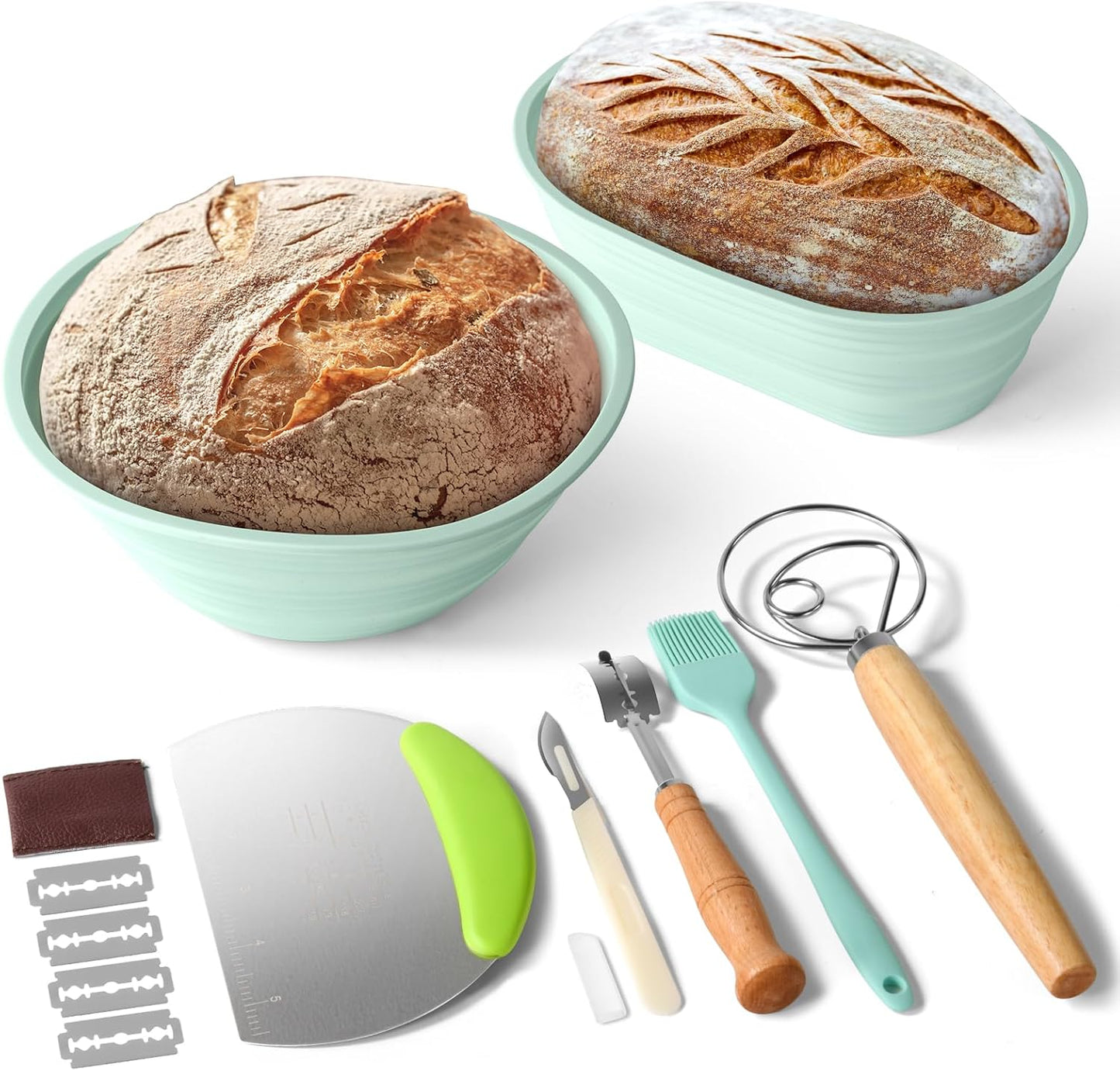 Silicone Banneton Bread Proofing Basket Set, 2 Foldable Sourdough Proofing Baskets (9" Round & 10" Oval), Complete Set for Bread Making With Essential Tools, Green