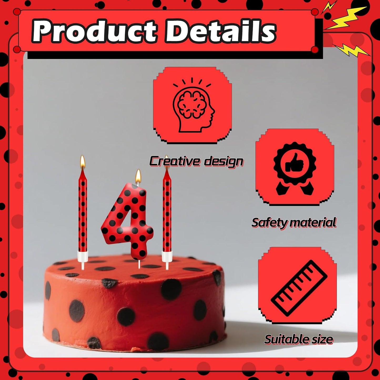 13PCS Ladybug Theme Birthday Candles Set - Red & Black Polka Dot Decorative Candles for Kids Ladybug Themed Parties, Baby Showers, Birthday Cakes, and Ladybird Inspired Celebrations(Number 4)