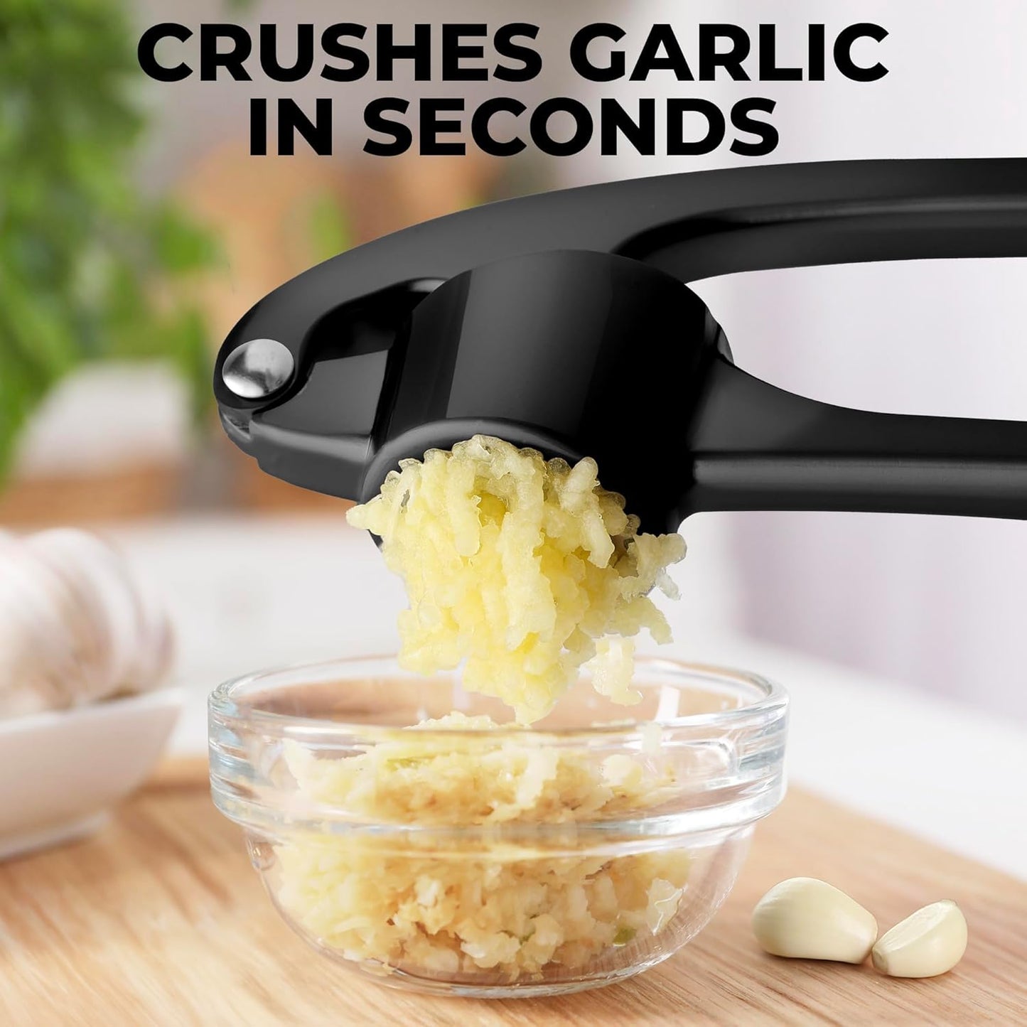 Zulay Kitchen Large Premium Garlic Press Set - Bigger Bowl for Bigger Garlic - Rust Proof & Dishwasher Safe Garlic Mincer Tool - Easy-Squeeze, Easy-Clean Silicone Garlic Peeler & Brush (Black)