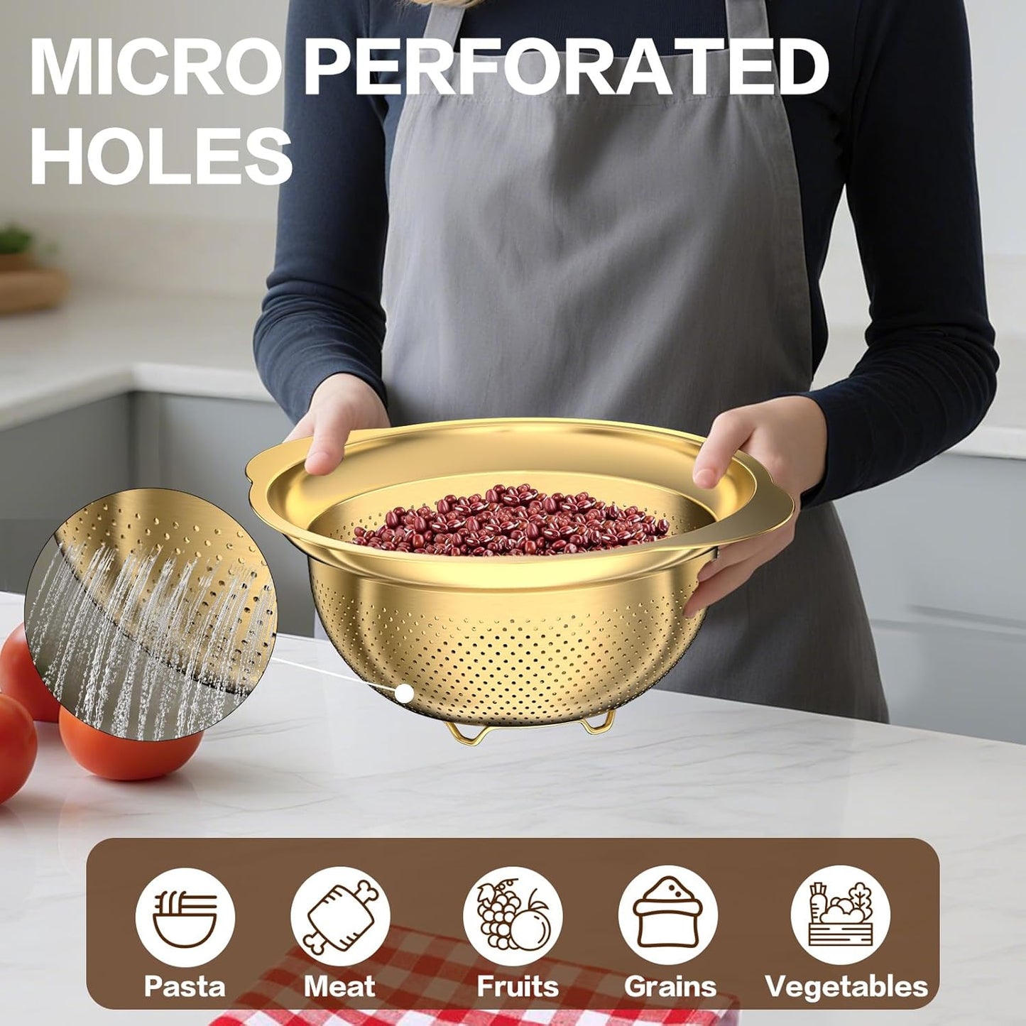 Stainless Steel Strainers for Kitchen, Stainless Steel Colander, Kitchen Strainer for Pasta Fruits Vegetables, 3 Pack Strainers and Colanders(2QT, 3QT, 5QT), Rust-Proof & Dishwasher Safe, Gold