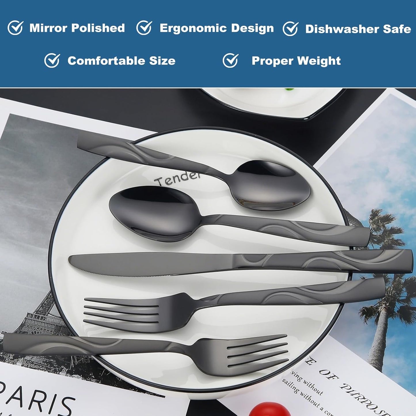 60 Pieces Black Silverware Set, Heavy Duty 430 Stainless Steel Flatware Utensils, Cutlery Set Service for 12 Including Fork Spoon and Knife, Dishwasher Safe