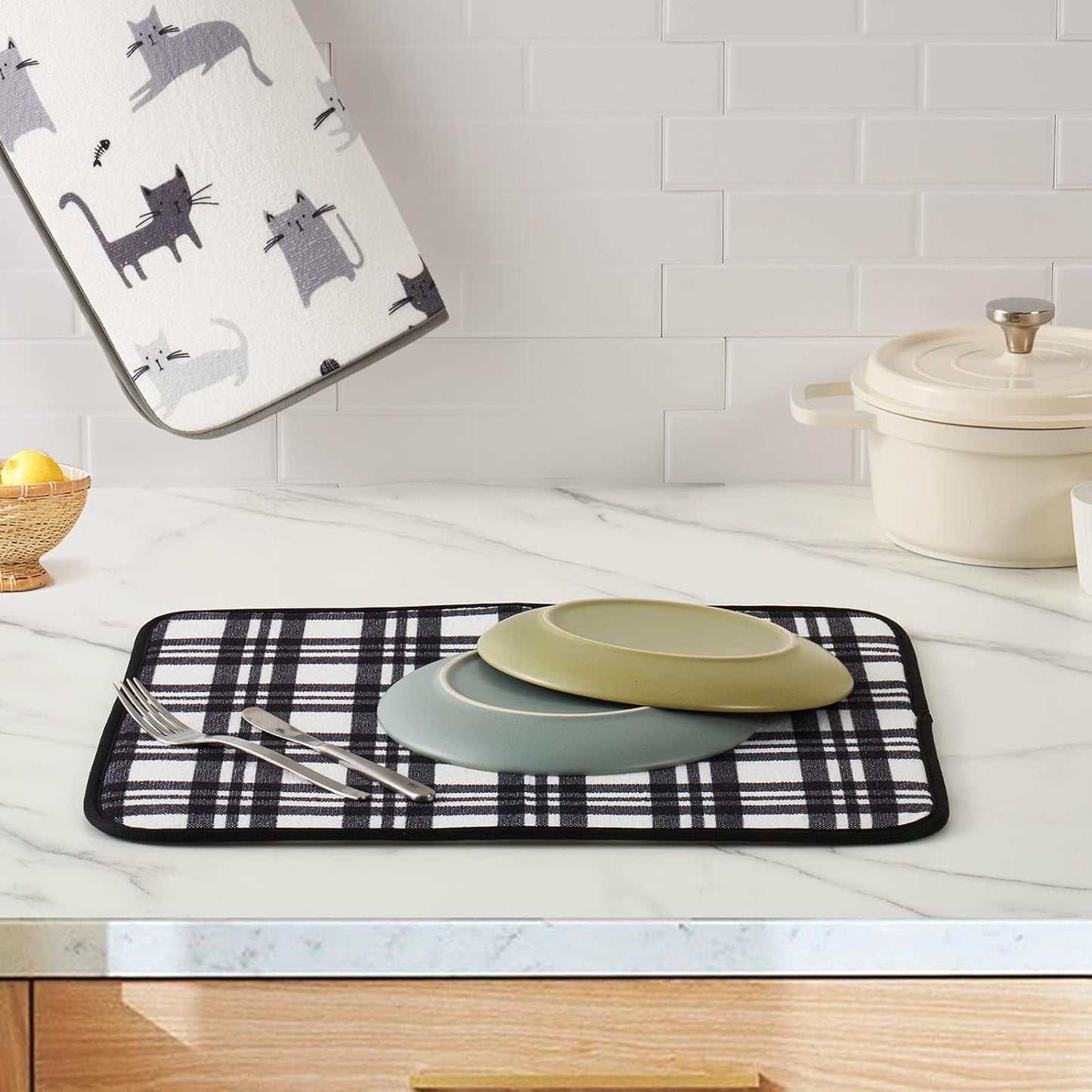 FRESHMINT Printed Dish Drying Mat Set for Kitchen Counter Absorbent Reversible Drying Mats Microfiber Kitchen Countertop Protector Dishes Pad 2 Pack Large Dish Drainer Rack Mat, 18" x 16"