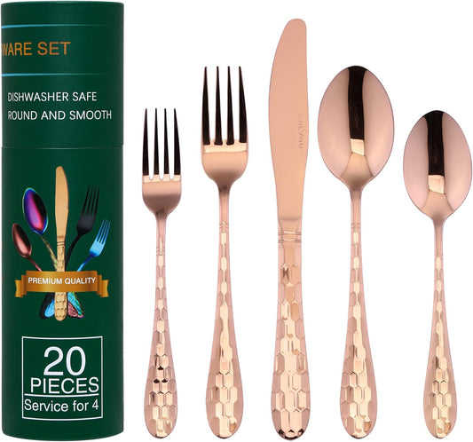 Hammered Silverware Set 20-Piece, 18/10 Stainless Steel Flatware Cutlery Silverware Set Service for 4, Unique Design Knife Fork Spoon Silverware Set, Mirror Polished,Dishwasher Safe (Rose Gold)