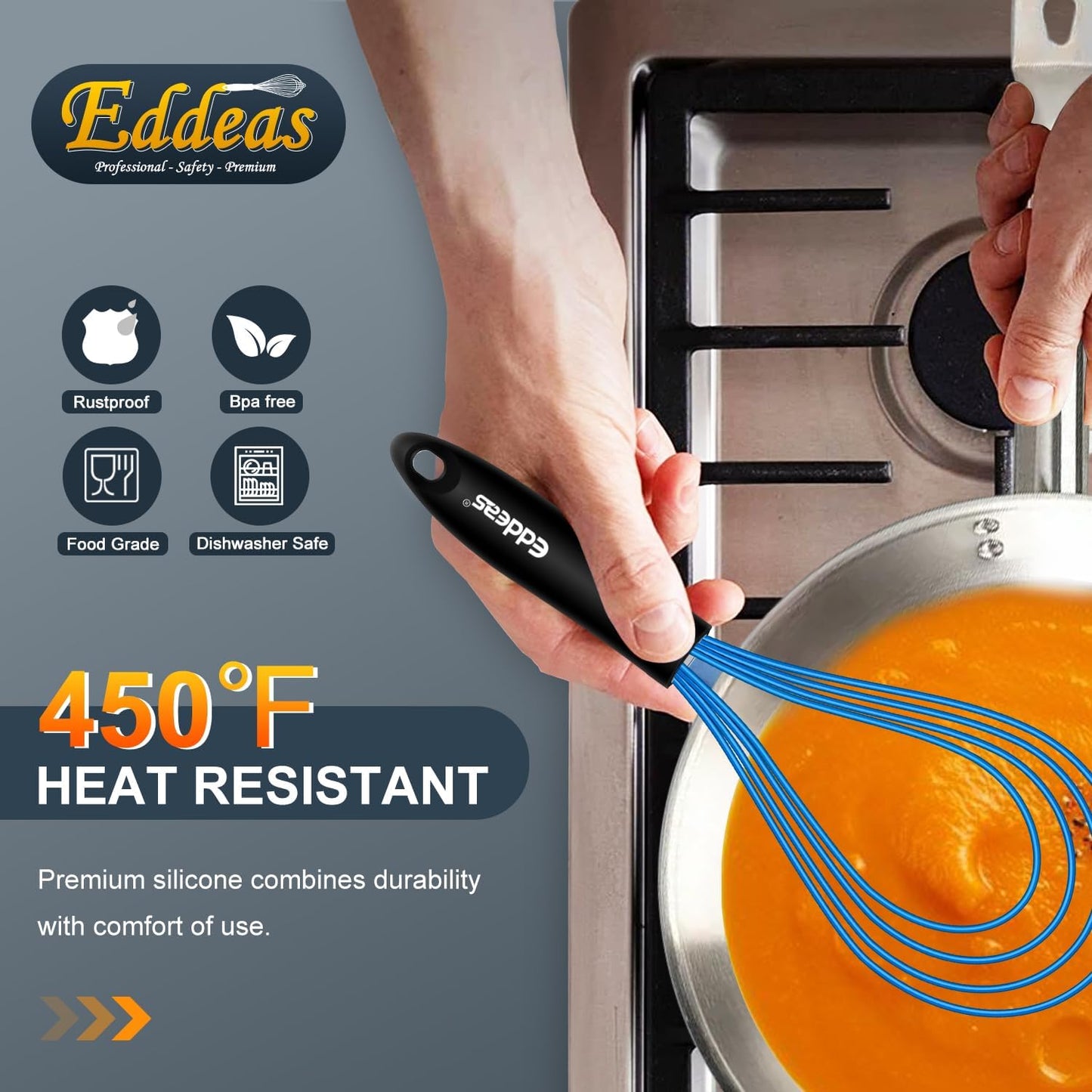 Silicone Whisk, Whisk Non Scratch Whisk for Cooking, 5+7+9+11in Balloon Whisk, Suitable for Mixing, Blending. 11in Flat Whisk great for Ceramic Coated pans and Wider shallower pots. (Blue)