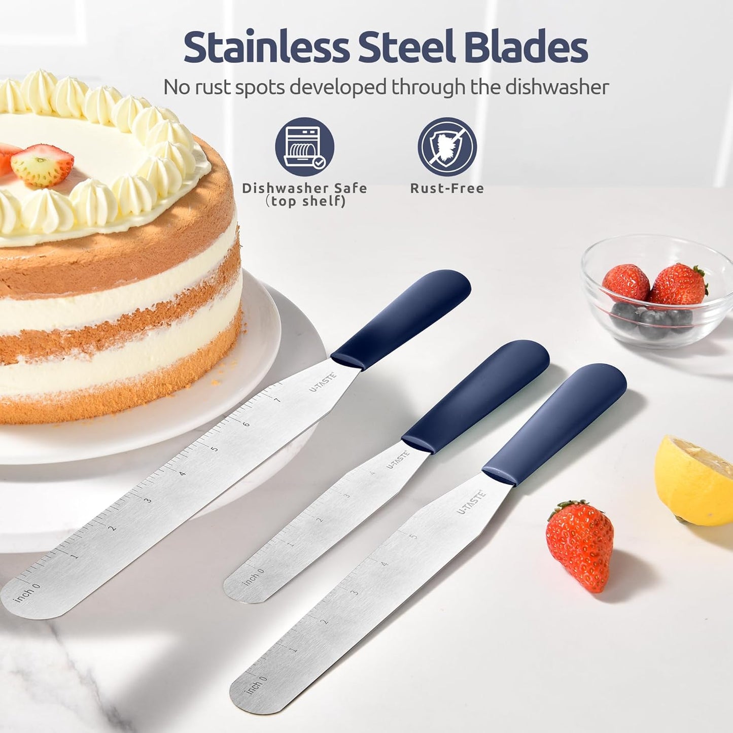 U-Taste Cake Icing Spatulas Set: Straight Decorating Frosting Knife with 6", 8", 10" Flat Thinner Stainless Steel Blade, Flexible Smoothing Spreading Tools with Comfortable PP Handle (Midnight Blue)
