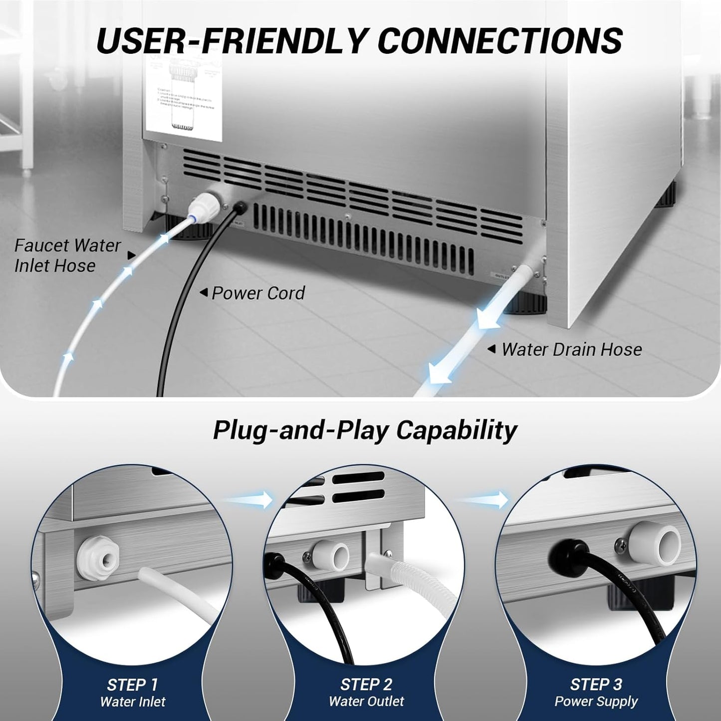 220LBS Commercial Ice Maker Machine - 72PCS Ice Cubes per Round, Undercounter/Freestanding Ice Machine, 55LBS Ice Storage Capacity for Home Bar and Outdoor, Stainless Steel Self-Cleaning