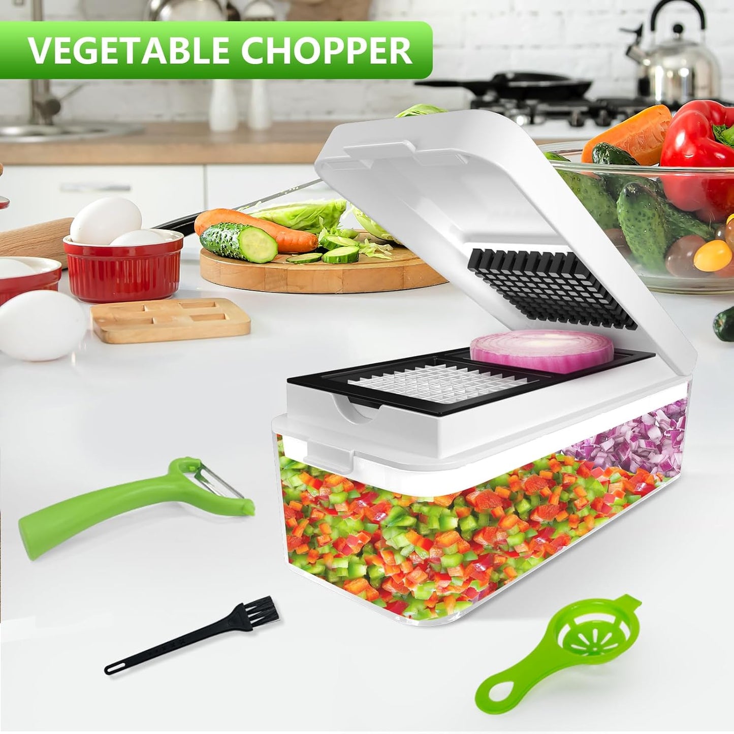 Vegetable Chopper, Onion Chopper Dicer, Mandoline Slicer, Food Chopper with Container, Vegetable Cutter for Salad Potato Carrot Garlic（2 Blades, White Black）