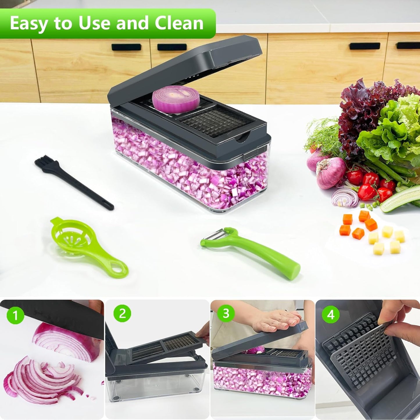 Vegetable Chopper, Onion Chopper Dicer, Mandoline Slicer with Container, Vegetable Cutter for Salad Potato Carrot Garlic（2 Blades, Grey）