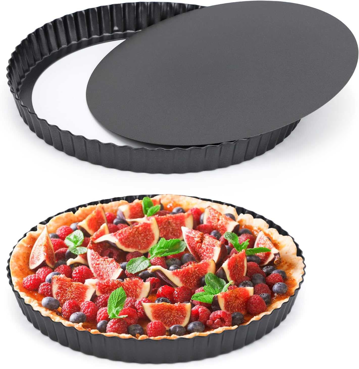 Beasea Tart Pan 10 Inch Removable Bottom, 2pcs 10 Inch Round Non Stick Pie Pans Carbon Steel Loose Base Bottom Tart Quiche Pie Tart Pans for Baking Fruit Cheese Tart Pie Desserts