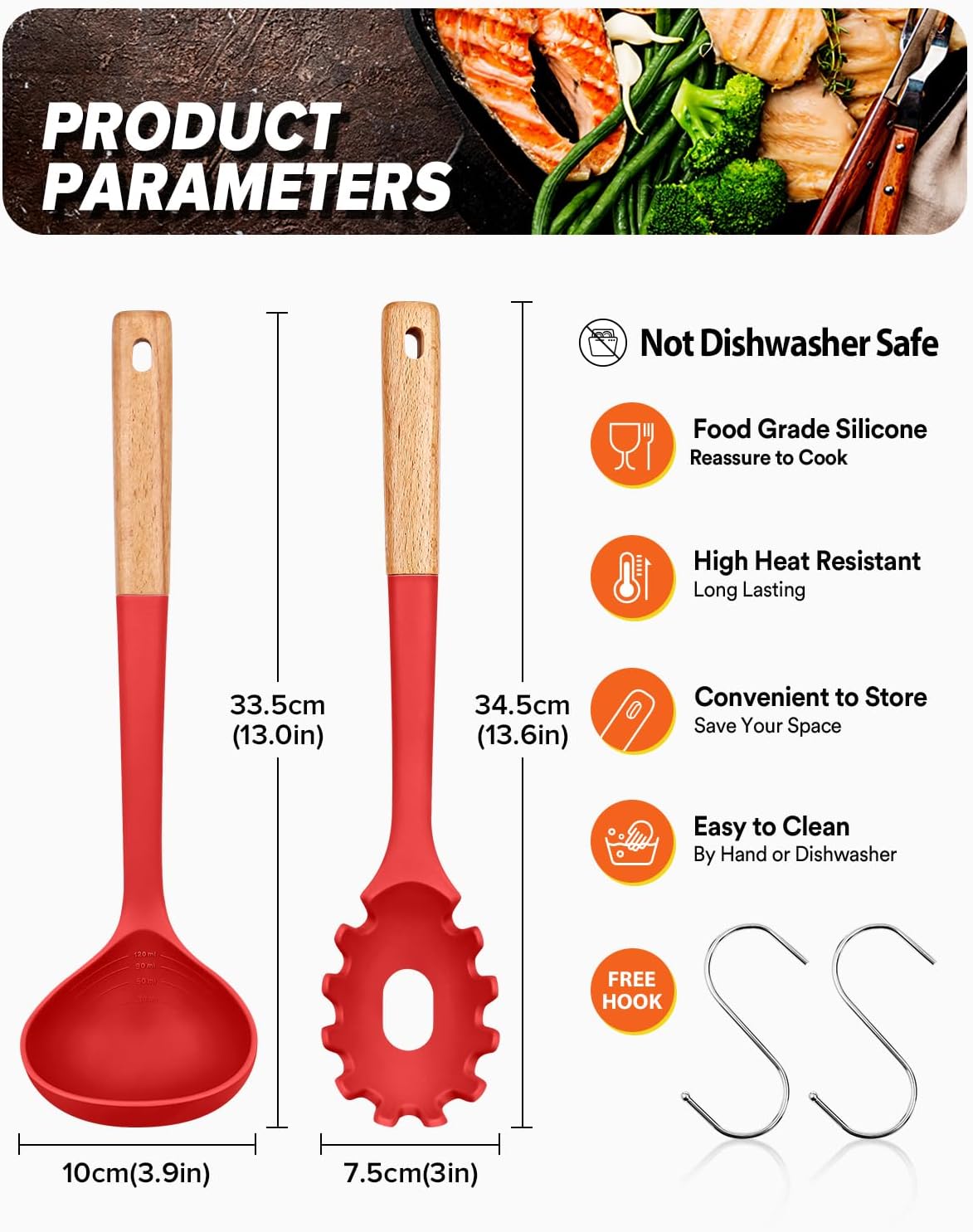 Pasta Fork and Ladle Set, Perfect for Serving Hot Soup, Stirring, and Sauce Pasta, BPA-Free Matte Silicone, Wood Handle Spaghetti Spoon for Nonstick Cooking Surfaces (Red)