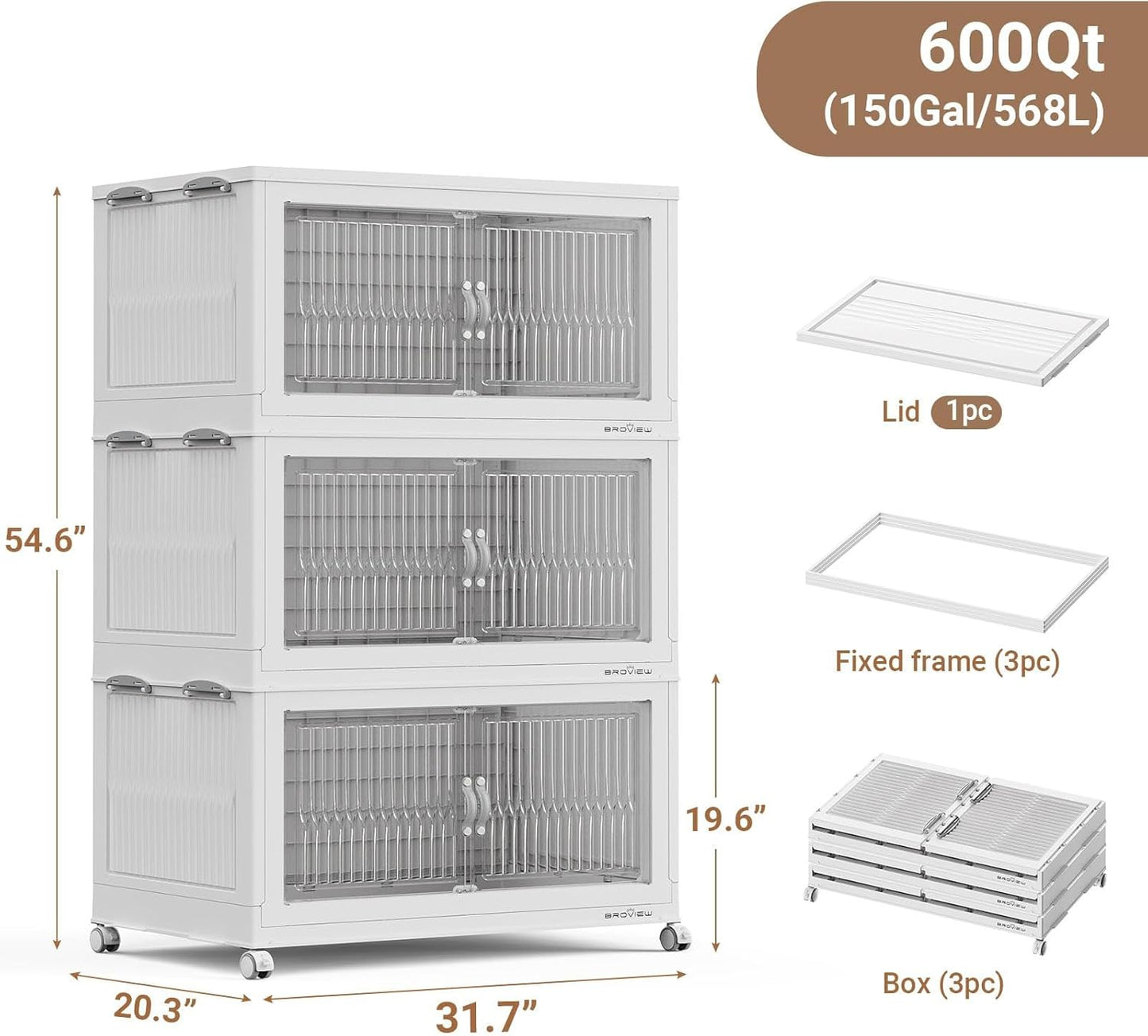 600Qt Extra Large Stackable Storage Bins with Lid, Closet Organizer Collapsible Drawer Boxes with Wheels, Folding Plastic Cabinet Containers for Home Kitchen Room Organization, 3Pack White
