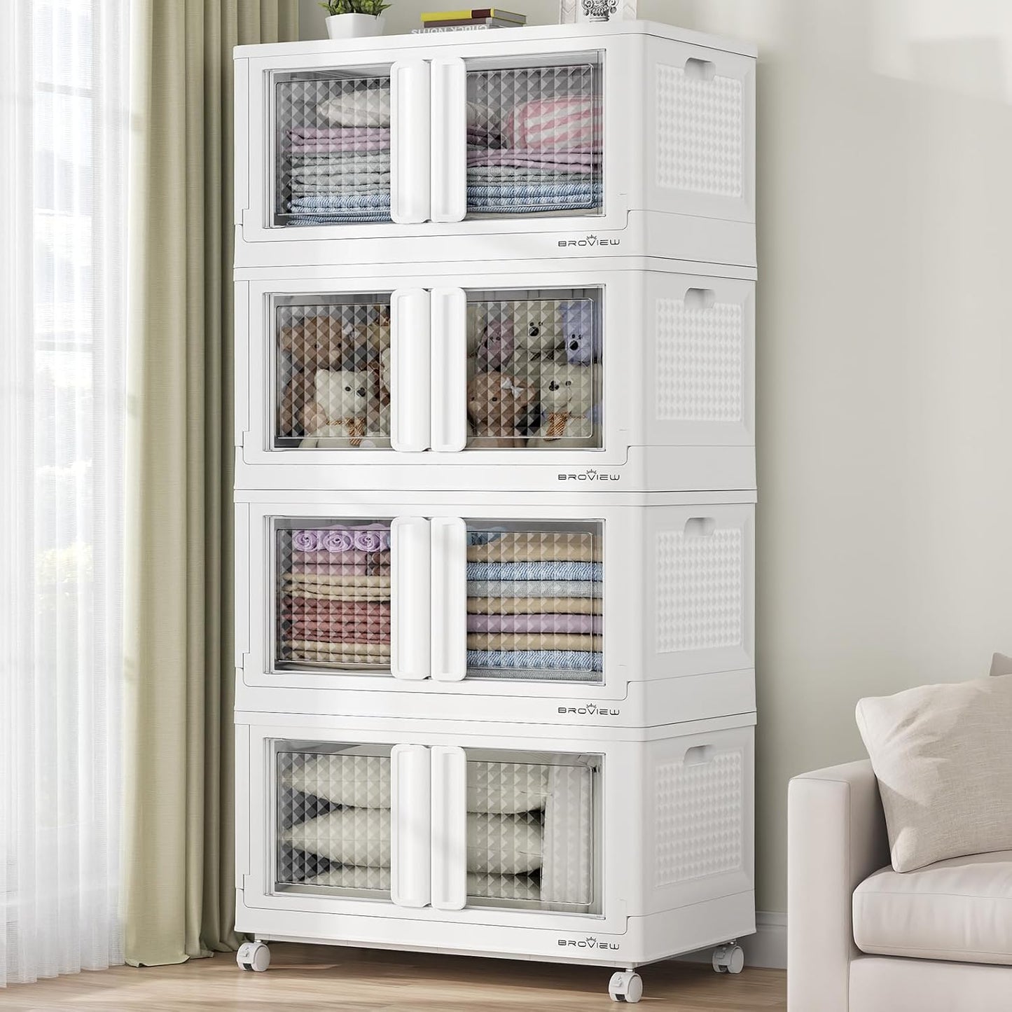 400Qt Stackable Storage Bins with Lids, 100Gal Closet Organizers and Storage Drawer, Plastic Collapsible Storage Bins with Doors, Heavy Duty Store Box Cabinet for Home Office, 4Pack White