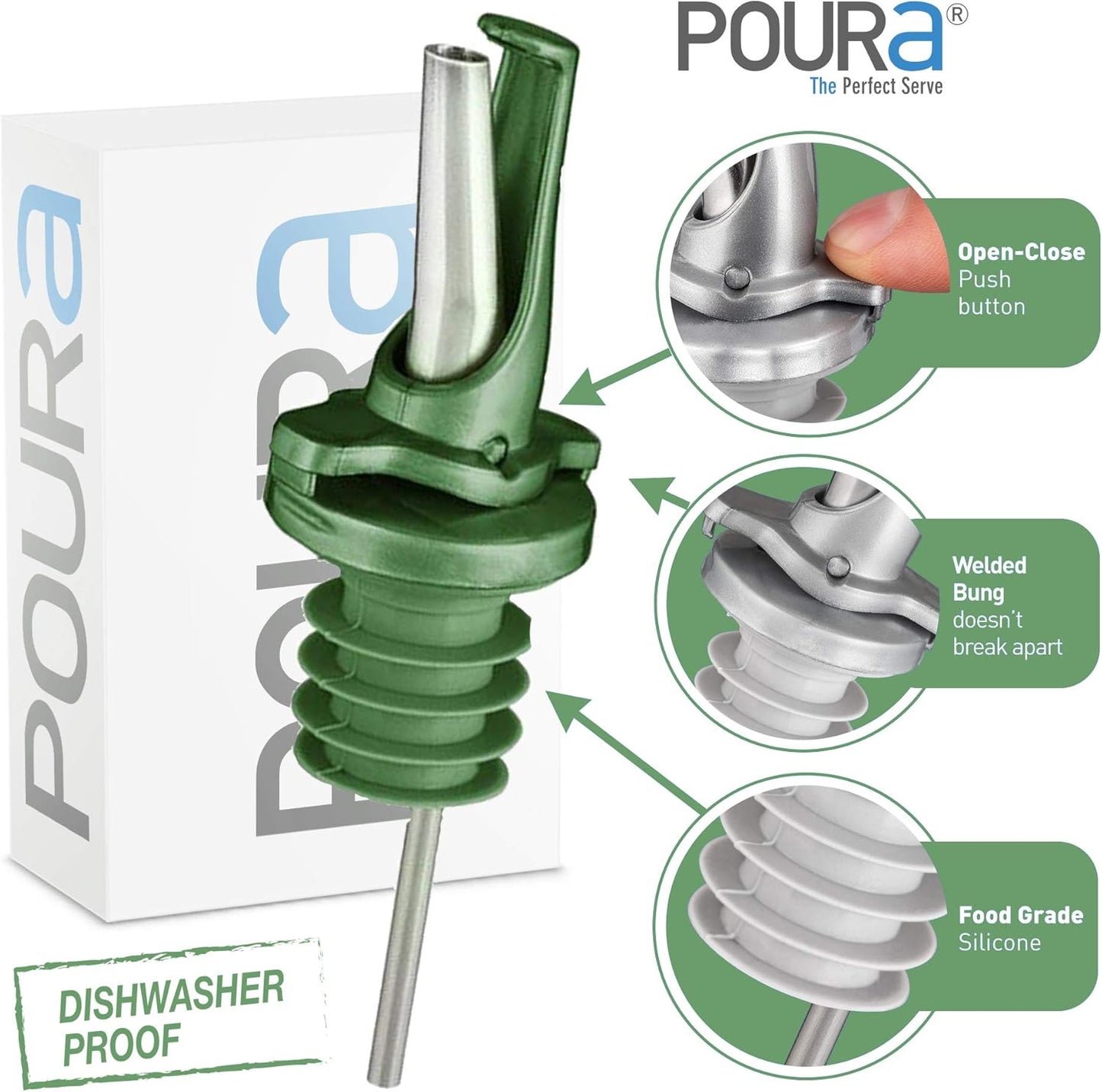 Olive Oil Spout for Olive Oil Dispenser - UK Patented Oil Pourer - Mid Flow Shut Off for Accurate Measurement - One Handed Open & Close Cap Keeps Oil Fresh and Prevents Oxidization - Green 6 Pack