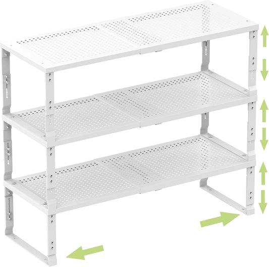 Heavy-Duty Adjustable Metal Shelf Organizer - Expandable & Stackable Pantry Storage Rack for Kitchen, Bathroom, RV, Cabinets(3 Packs/White, Large)