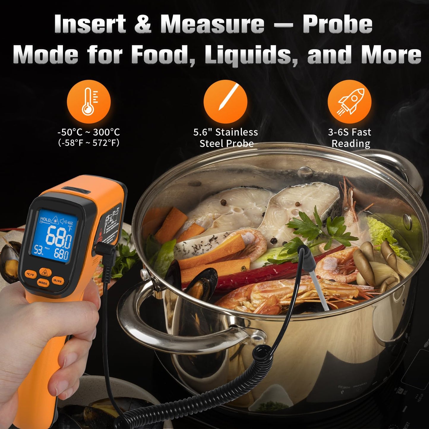 Infrared Thermometer Temperature Gun, Non-Contact Digital Laser Temp -58°F to 1472°F, K-Type Probe -58°F to 572°F, for Cooking, Pizza Oven, BBQ, HVAC, Home & Industrial