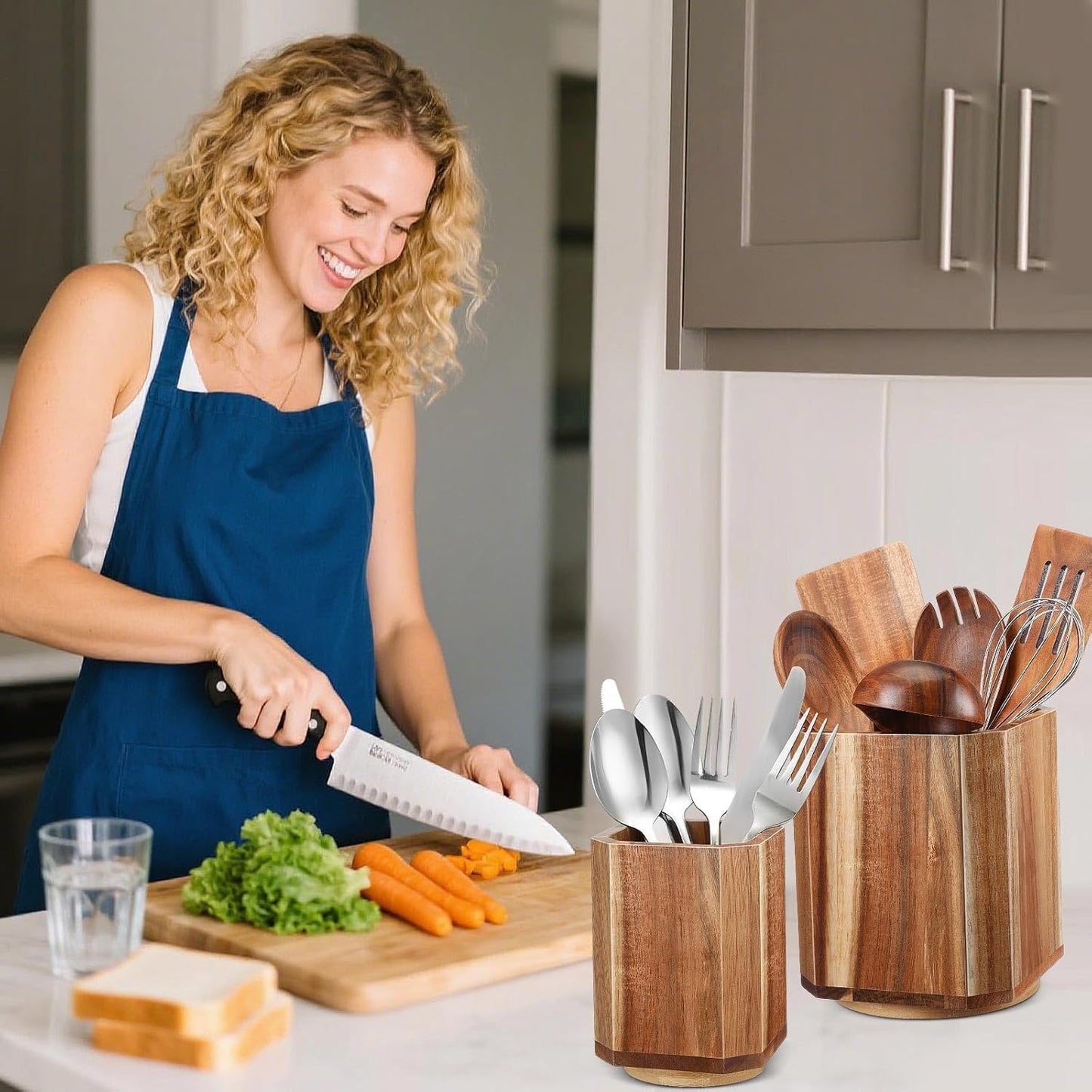 2 Pack Wooden Utensil Holder, 360°Rotating Kitchen Cooking Utensil Crock, Spoon Spatula Holder for Kitchen Counter, Farmhouse Countertop Organizer(Acacia,Square)