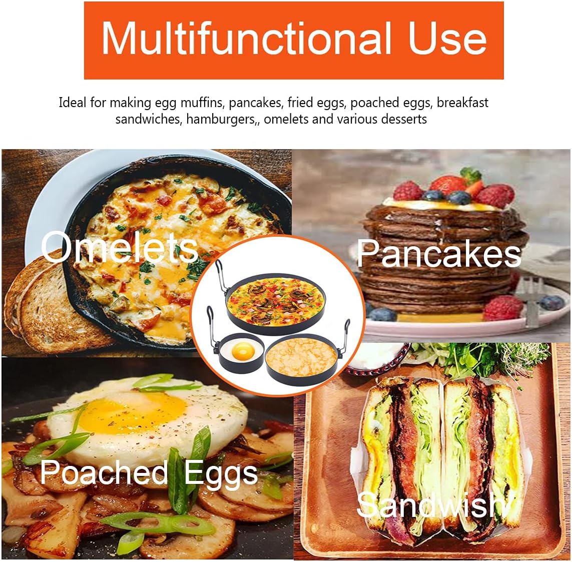 8" Omelette Ring,6" Pancake Ring,4" Griddle Egg Ring,Non-stick Stainless Steel Egg Cooker Omelet Ring Set(Upgrade Large 3 Packs Egg Cooking Rings for Griddle Frying Egg with Oil Brush & Egg Separator)