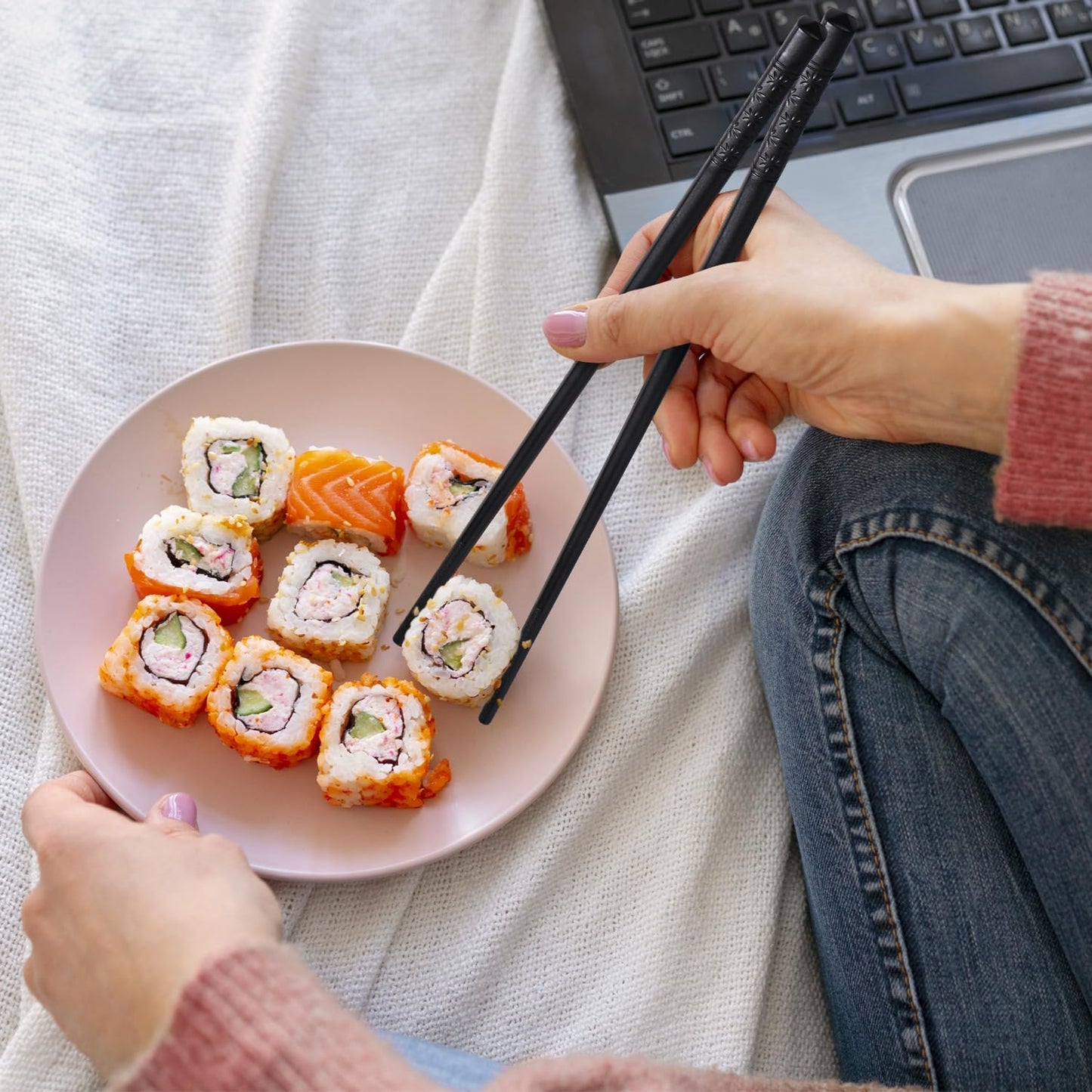 GLAMFIELDS 5 Pairs Premium Chopsticks Reusable Dishwasher Safe 9.5 Inch Fiberglass Chop Sticks Gift Set Non Slip Lightweight Cherry Blossom Pattern