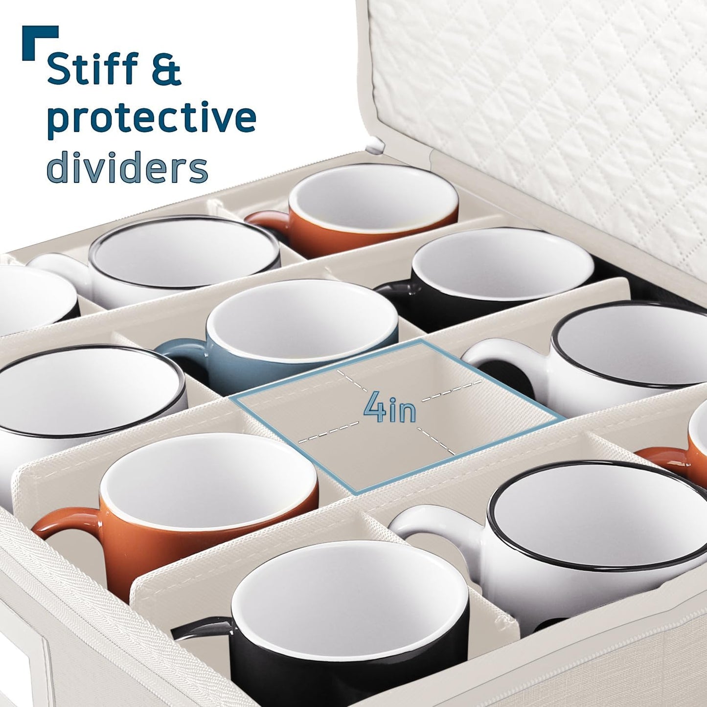 Hearth & Harbor Coffee Mug Storage, Quilted and Stackable Coffee Cup Storage Organizer for Service of 12, Mug Storage Box with Dividers, China Containers Hard Shell for Moving and Organization, Cream