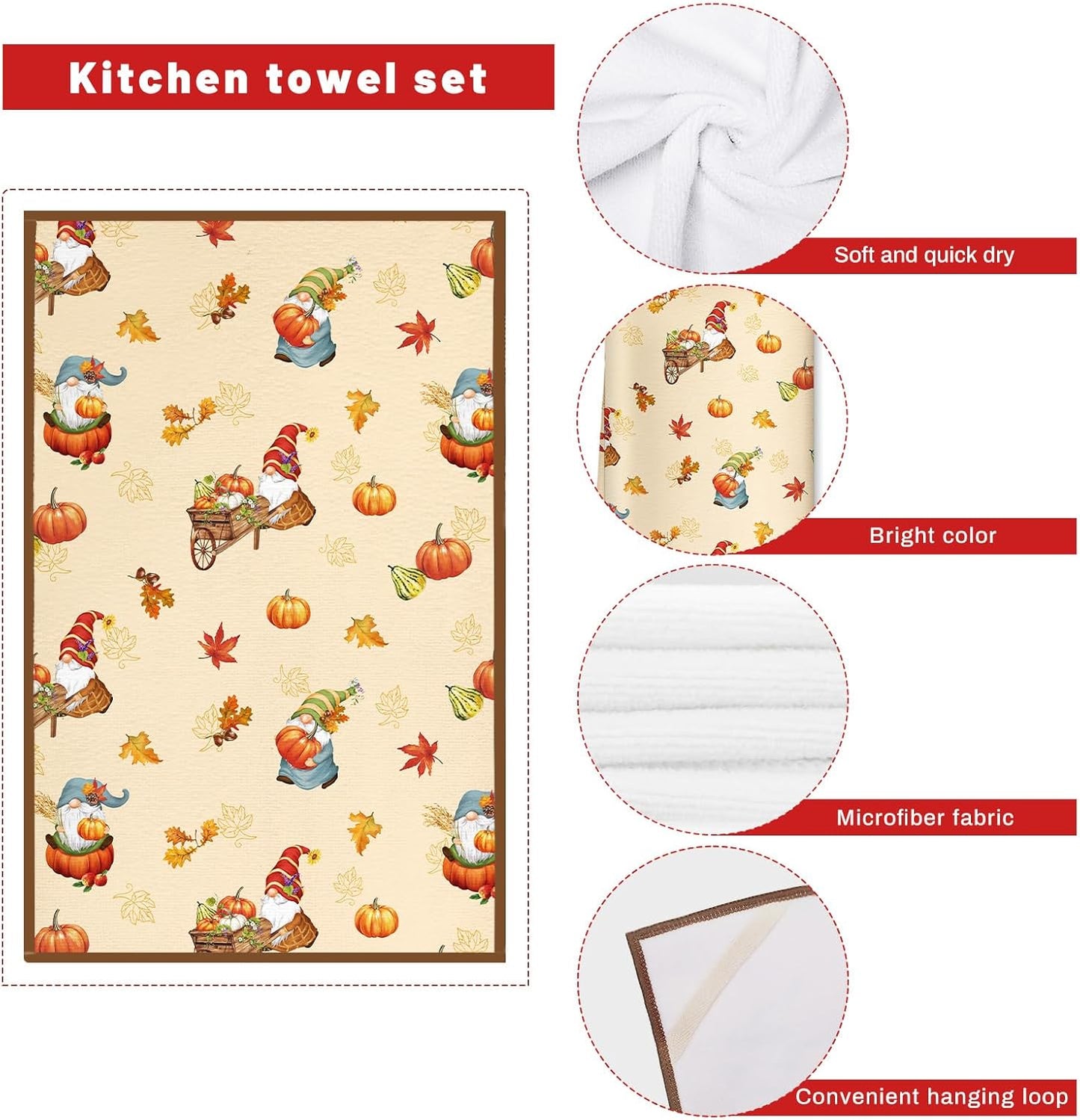 Fall Thanksgiving Gnome Kitchen Towels and Oven Mitts Set 4Pcs, Soft Absorbent Dish Cloth Heat Resistant Oven Gloves for Cooking Baking Kitchen Decoration, Gifts for Her