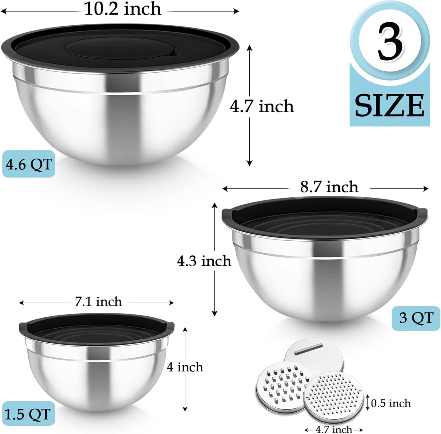 TeamFar Mixing Bowls, Stainless Steel Nesting Salad Bowls with Lids Set of 3 & 3 Grater Attachments, For Mixing/Serving/Storing, Non-toxic & Long-lasting, Size 4.6/3 / 1.5 QT, Black