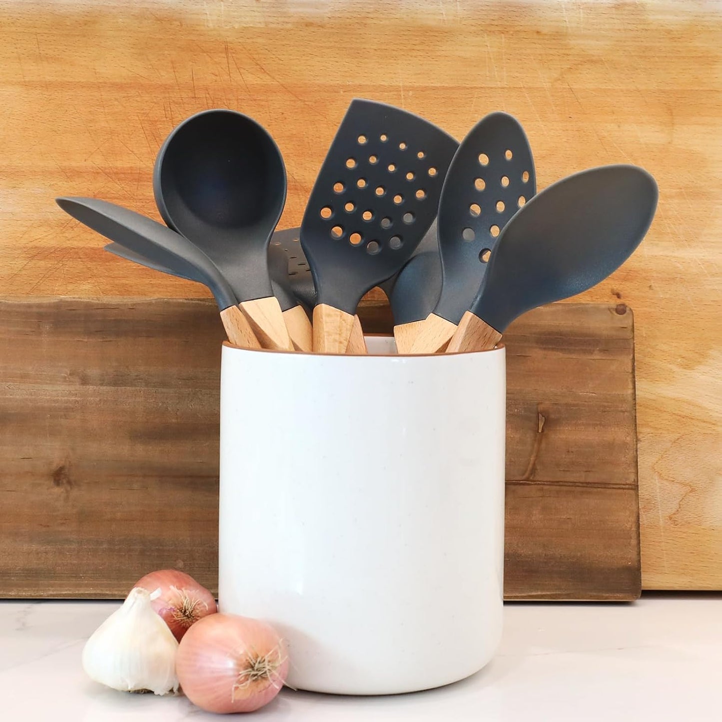 Beille Grey Nylon Ladle with Soft Grip Ergonomic Wooden Handle Kitchen Utensils, 13 Inch