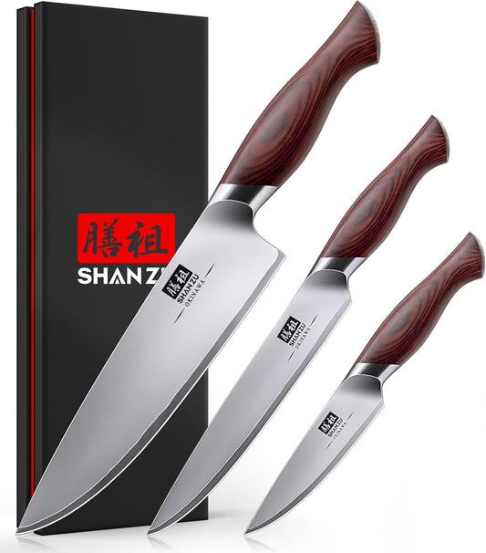 SHAN ZU Japanese Knife Set 3 PCs, High Carbon 10Cr15Mov Stainless Steel Chef Knife Set, Ultra-Sharp Professional Kitchen Knives Set with Ergonomic Pakkawood Handle and Elegant Gift Box