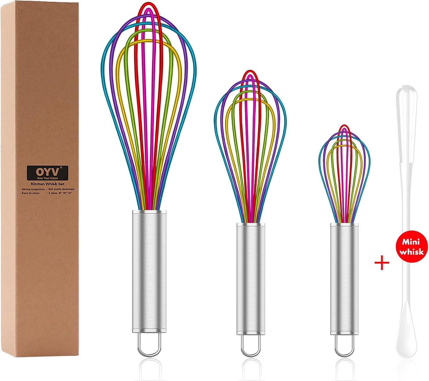 Silicone Whisk,Professional Whisks For Cooking Non Scratch,Stainless Steel & Silicone Wisk,Plastic Rubber Whisk Tool For Nonstick Cookware,Silicon Wisks Set of 3,Rainbow,for Blending,Colorful.