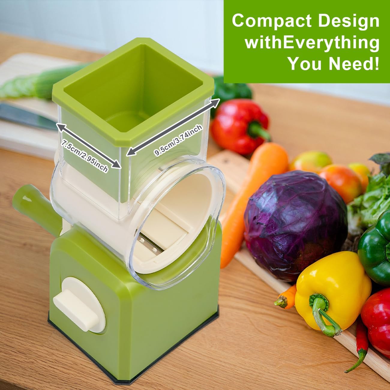 3 in 1 Cheese Grater, Rotary Cheese Grater with Handle for kitchen, Vegetable Slicer with 3 Replaceable Stainless Steel Blades,Peeler and Rubber Gloves (Green)