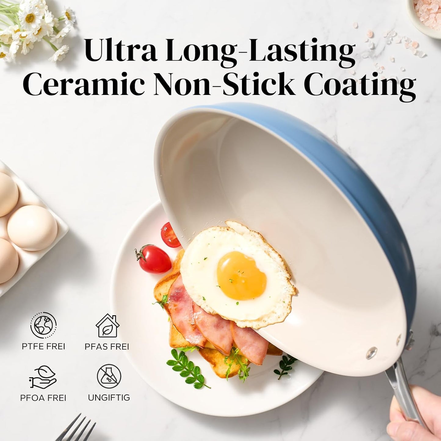 Redchef Nonstick Frying Pan Skillet, Ceramic Non-Stick Saute Pans, 9.5 inch Cooking Fry Pan with Stay Cool Handle, All Stovetops, Dishwasher/Oven Safe, PFAS-Free, Non Toxic (Blue)