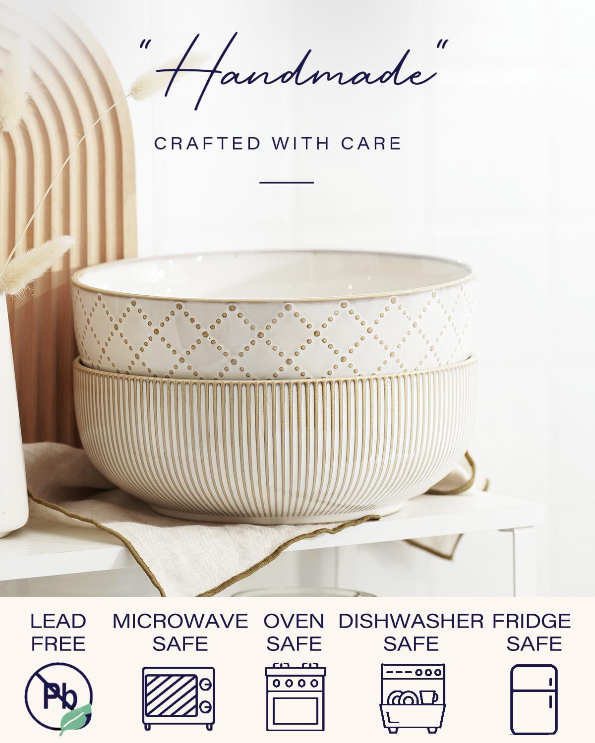 getstar Large Serving Bowls (9.5 inch & 92 fl oz), Ceramic Salad Bowl Set of 2, Microwave and Dishwasher Safe, Farmhouse Kitchen Decorative Bowls Set (Embossed Checks & Stripes)