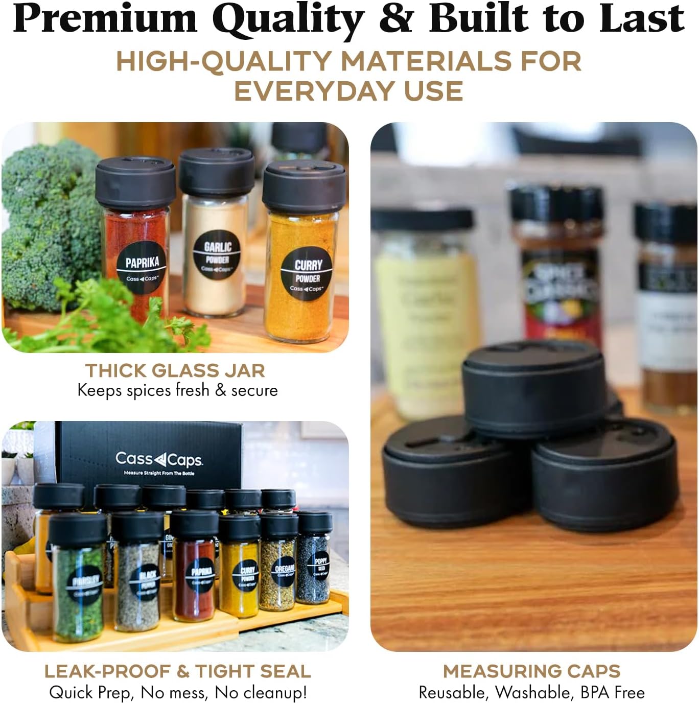 Glass Spice Jars & Measuring Cap Set - Twist to Dispense 1/4 Tsp Per Turn for Precise Cooking - Glass Jars with Lids Keep Kitchen Organized & Tidy - Enjoy Round Spice Jar Without Mess-12Pack