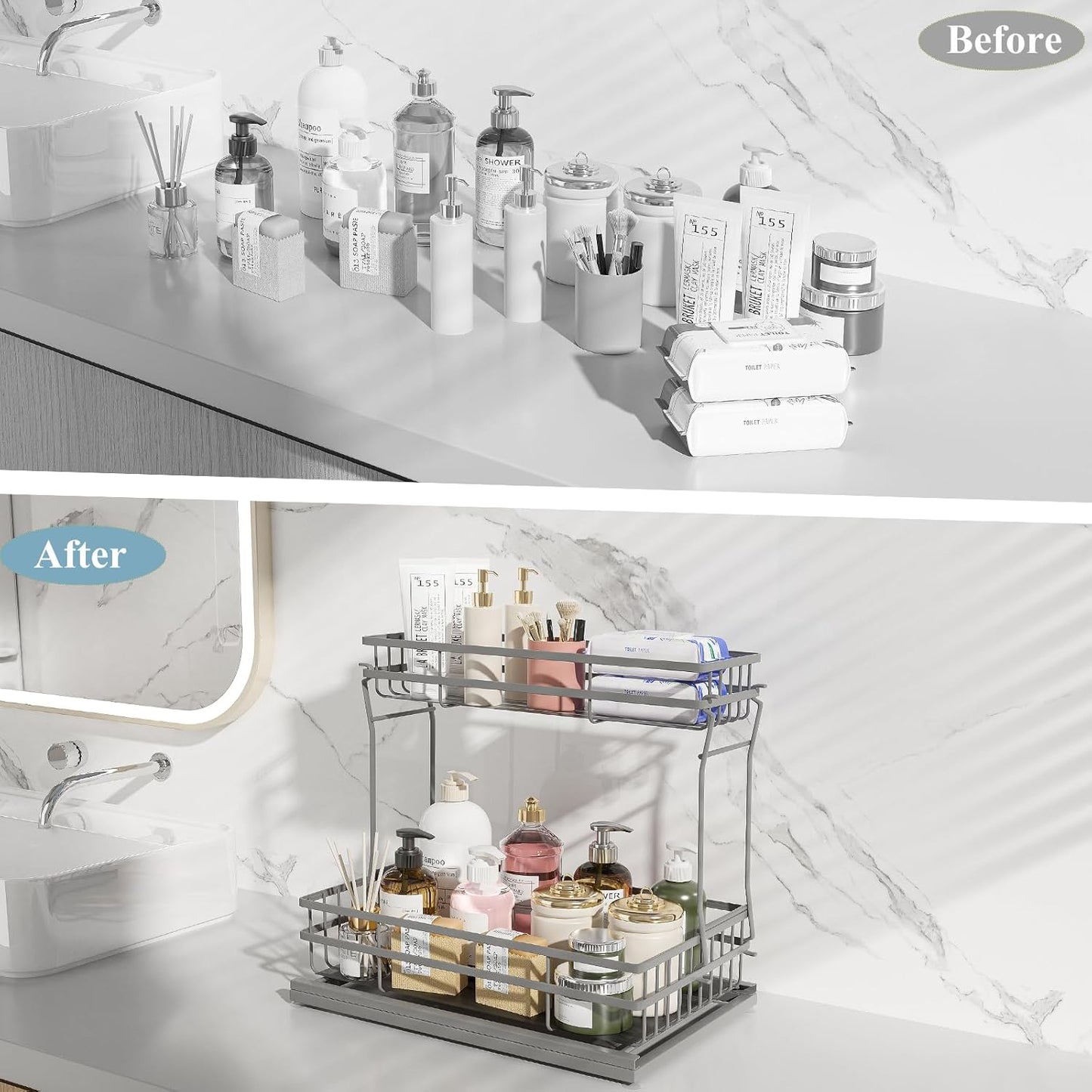 2 Pack Under Sink Organizers and Storage, 2 Tier Pull Out Cabinet Organizer, Metal Sliding Drawer Storage for Kitchen Bathroom，Gray