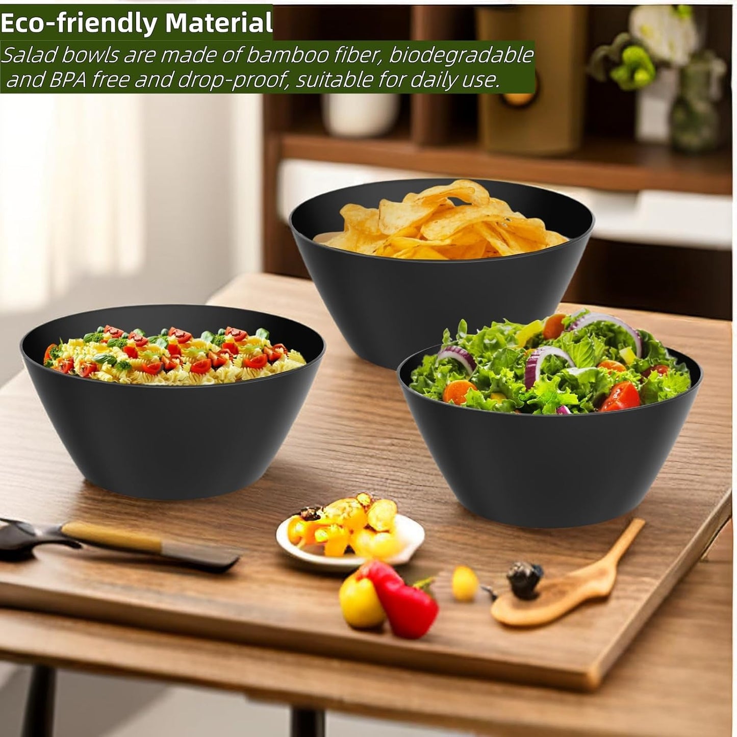 10 inch Bowls for Salad, Large Black Serving Bowl 118 oz, Bamboo Fiber Bowls Set of 3, Microwave and Dishwasher Safe, Great for Salad, Fruits, Vegetables and Pasta, BPA Free