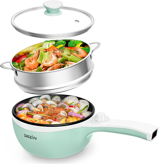 Dezin Hot Pot Electric with Steamer Upgraded, Non-Stick Sauté Pan, Rapid Noodles Electric Pot, 1.5L Mini Pot for Steak, Egg, Fried Rice, Ramen, Oatmeal, Soup with Power Adjustment