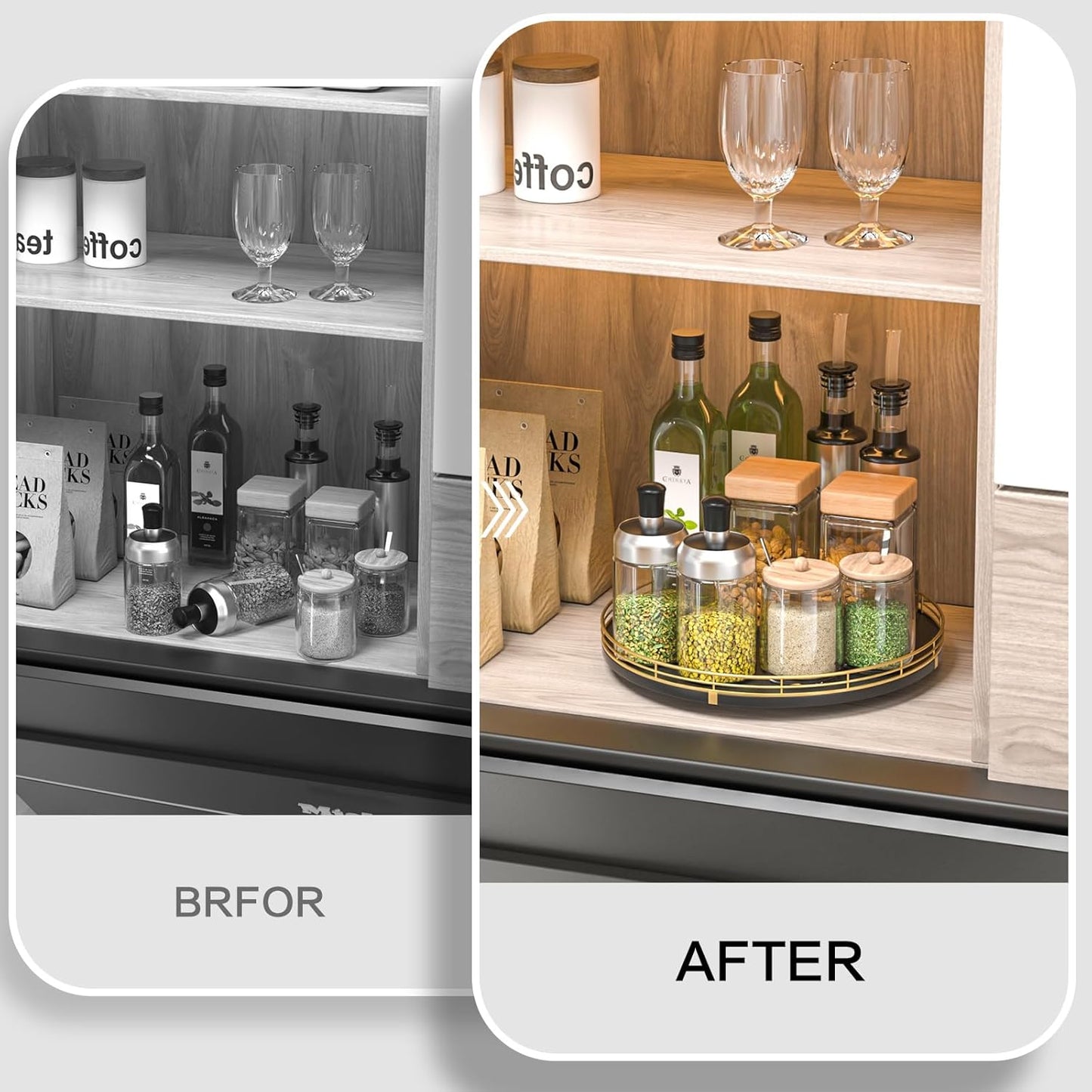 12" Oak Wood Lazy Susan Organizer, Lazy Susan for Cabinet Dining Table Pantry Wood Turntable Organizer Tray for Coffee Table Kitchen Countertop Spinning Spice Can Organization and Storage Round Gold