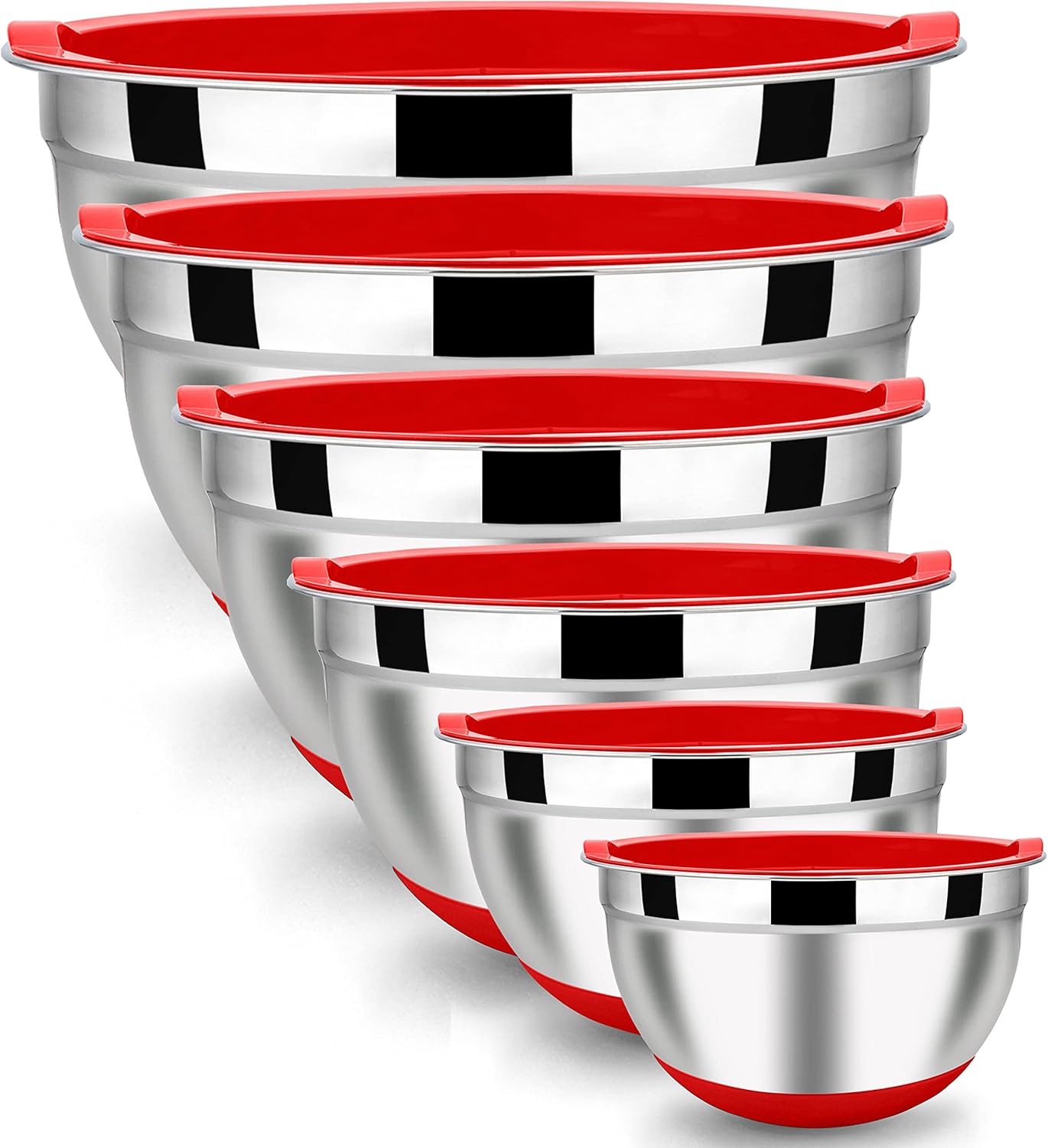 LIANYU Mixing Bowls Set of 6 with Airtight Lids, Size 7, 3.5, 2.5, 2, 1.5, 1QT Large Metal Stainless Steel Nesting Bowls for Cooking, Baking, Food Storage, Non-slip Bottom, Red