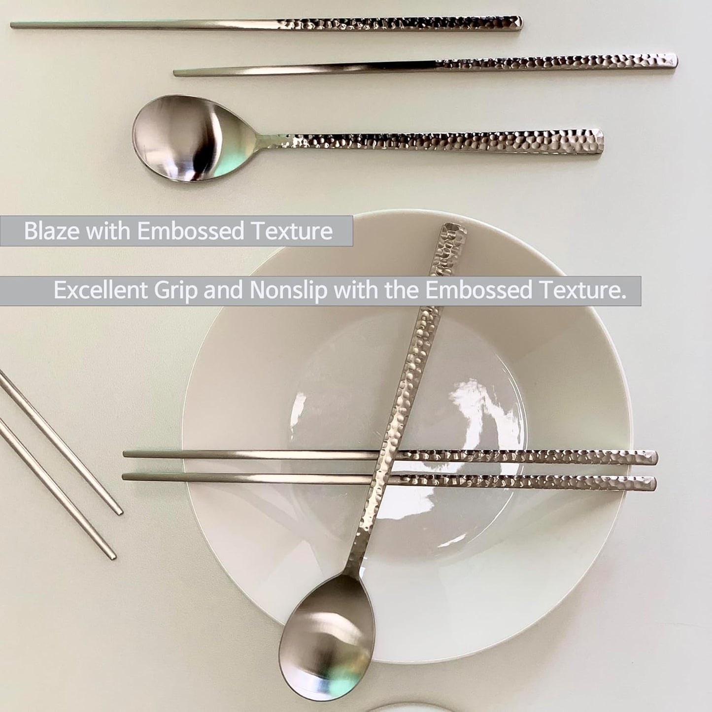 Korean Made Silver Glossy Hammered Stainless Steel Korean Spoon & Chopstick SET Stocking Stuffer Gift for Mom (2SET)