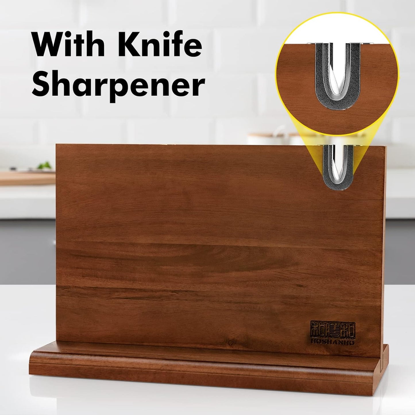 Magnetic Knife Block 14 x 10 Inches, Double Sided Magnetic Knife Holder Rack for Kitchen Counter, Acacia Wood Magnetic Knife Storage Stand with Knife Sharpener