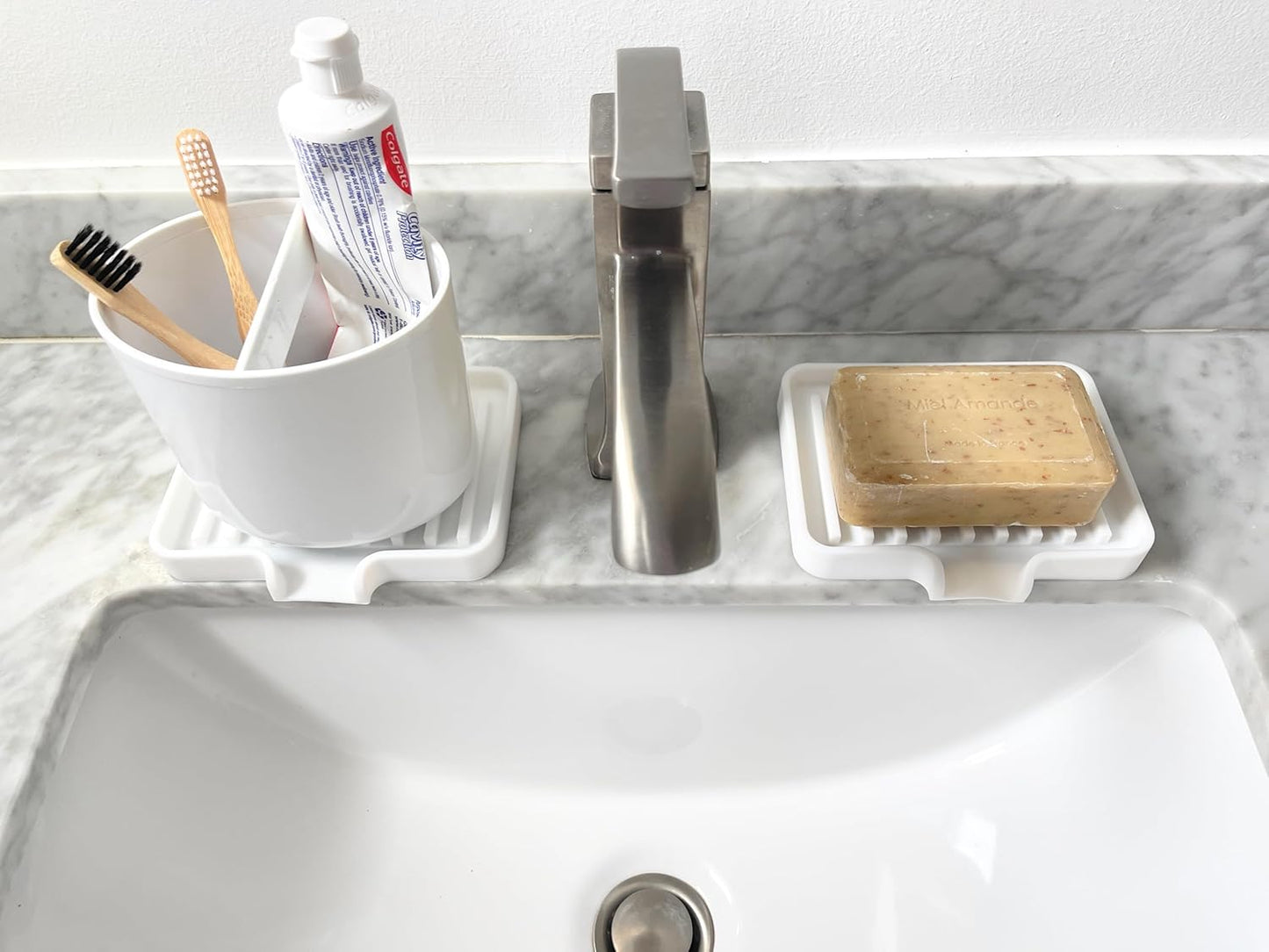 Happitasa Silicone Soap Dish Tray and Sponge Holder with Drain Chute, Pack of 2 | Bathroom and Kitchen Sink Organizer Caddy (Black, 5.2"x4", 7.2 Ounces)