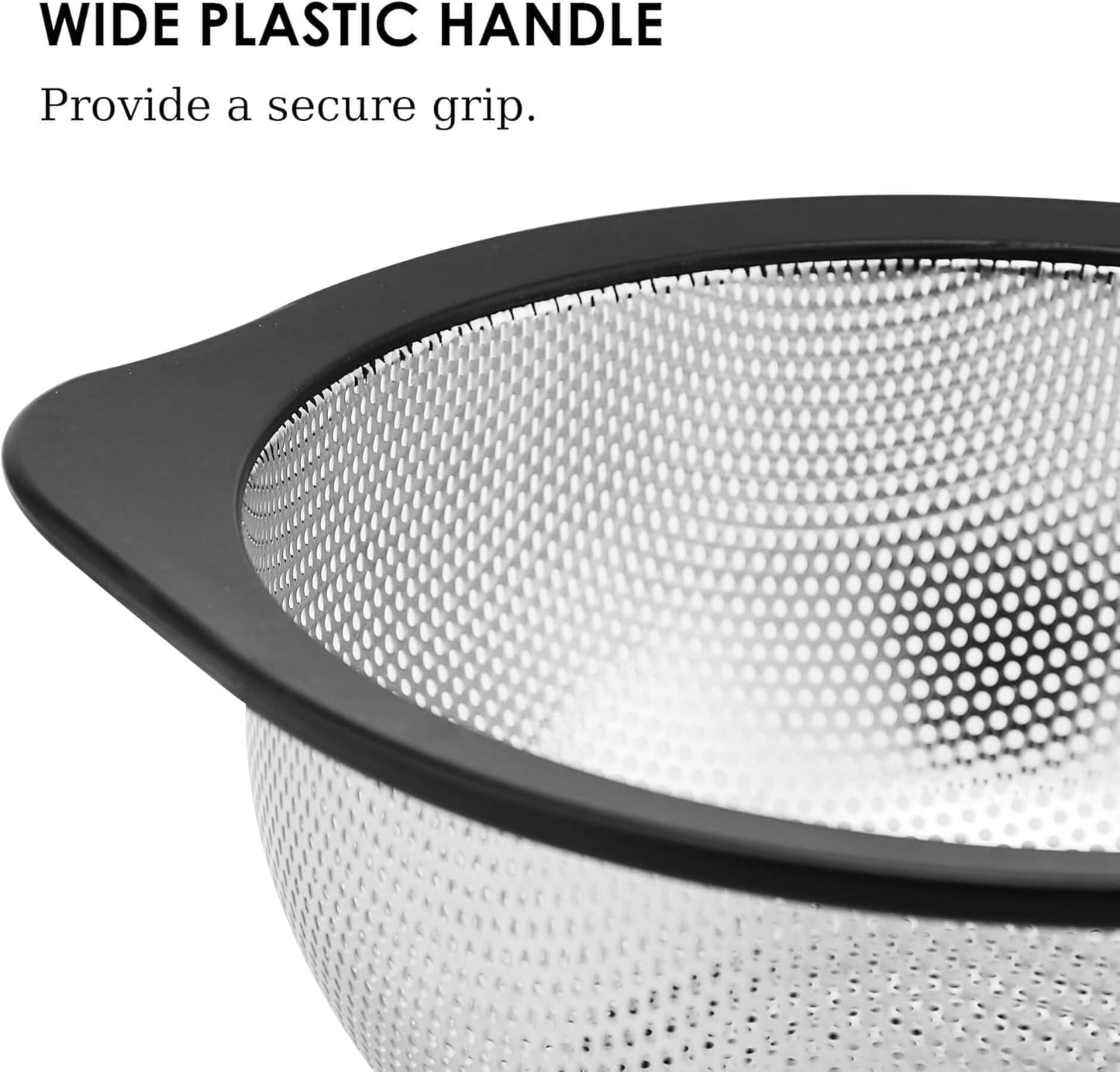 Rorence Stainless Steel Colanders Set for Kitchen - 2.5 and 4.3 Quart Capacities Kitchen Strainer Set of 2 with Black Non-Slip Handles