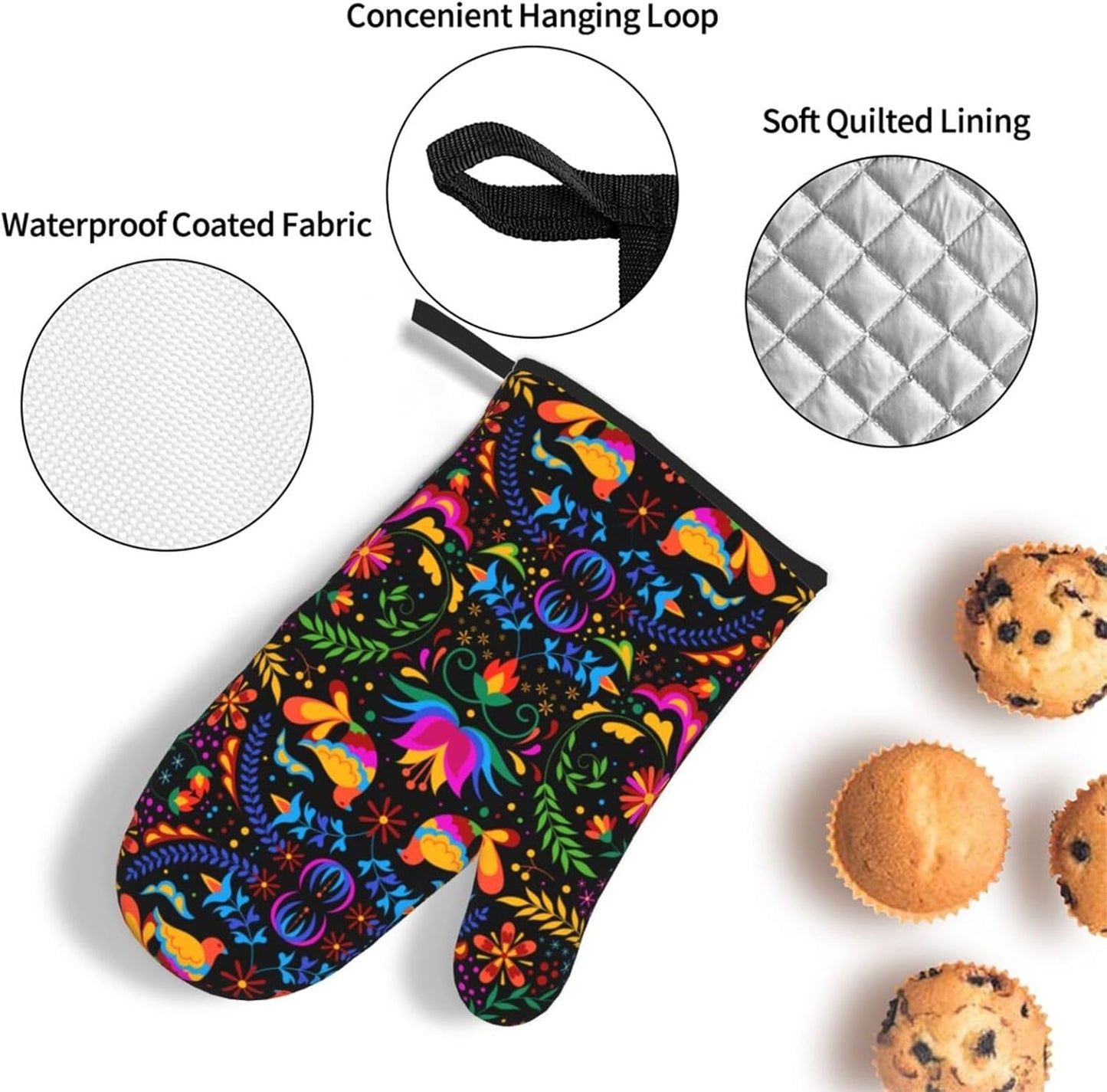 Mexican Floral Oven Mitts and Pot Holders Sets of 3 Heat Resistant Mexican Flower Hot Pads Oven Gloves for Kitchen Cooking BBQ Baking, Black